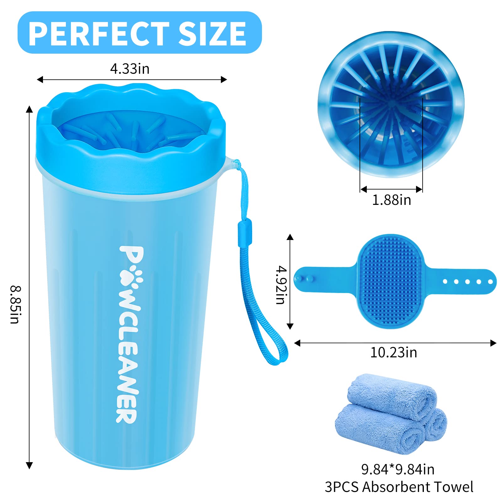 Comotech Dog Paw Cleaner With Bath Brush & Absorbent Towels - Adjustable Ring Handle For Long And Short-Haired Dogs (Large, Blue)