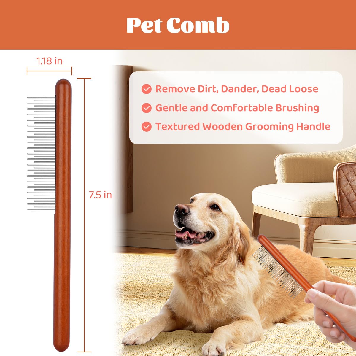 BRUSH FAMILY Cat Grooming Brush - Dematting & Deshedding Tool, Medium Size, Brown Wood Handle, Metal Comb for Long Haired Pets