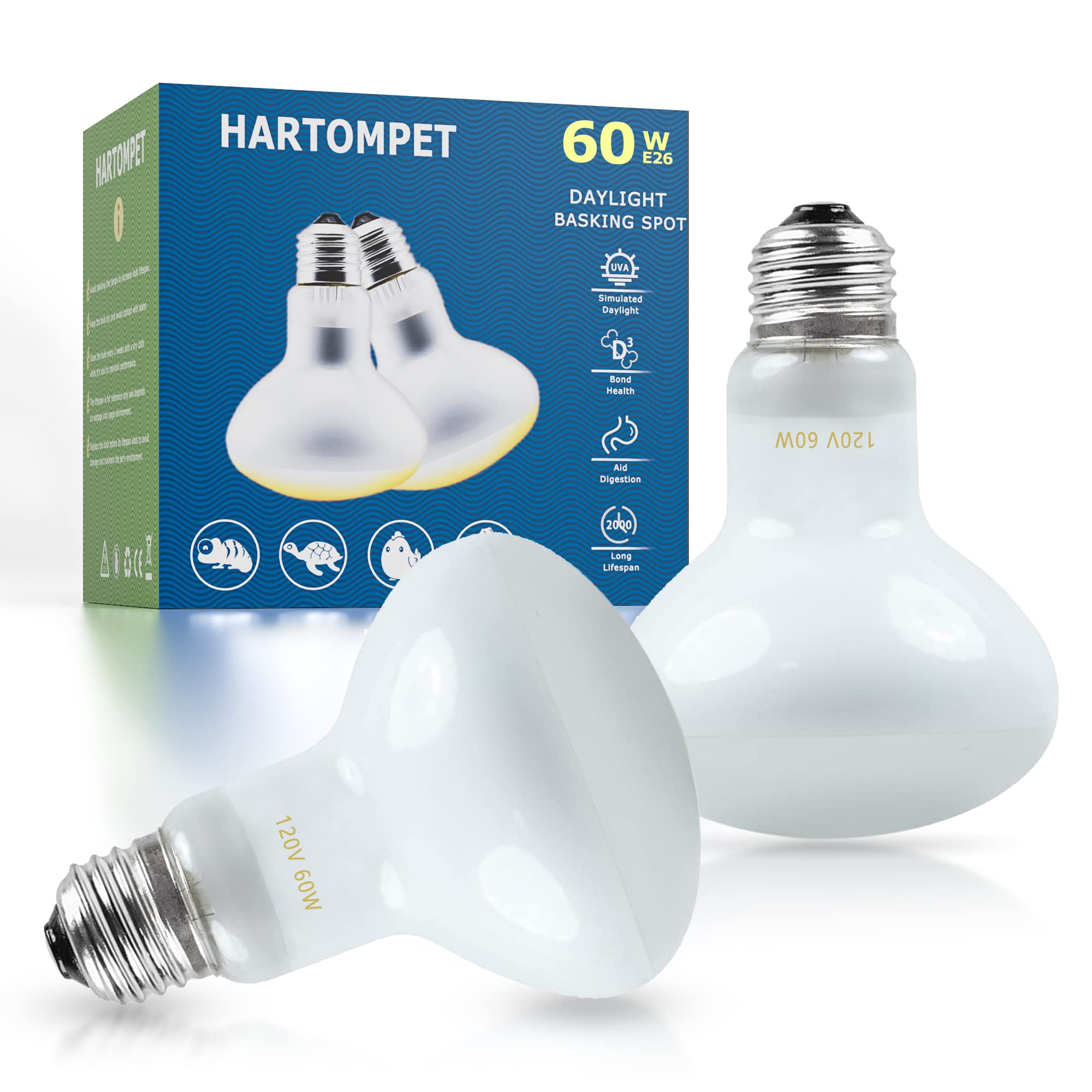 HARTOMPET 60W E26 Reptile Heat Lamp Bulbs, UVA Basking Spot Light for Bearded Dragon, Lizard, Tortoise, Chicks, Other Reptiles &