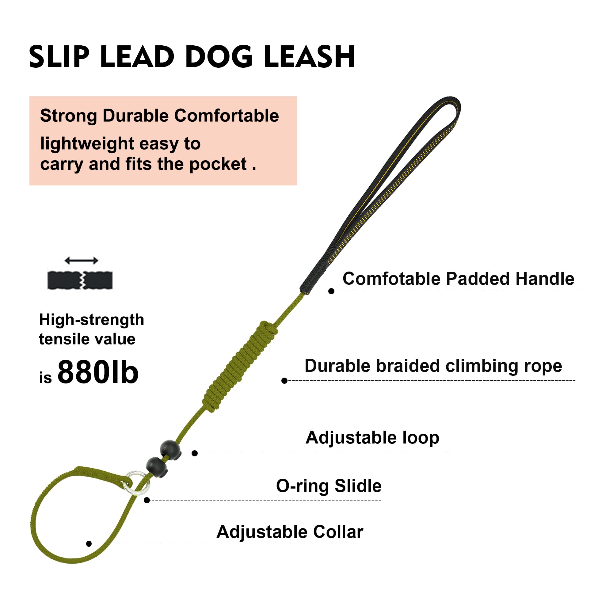 BeauGo Dog Slip Lead - 1.8M Black Nylon Training Leash for Small, Medium, Large Dogs - Gentle Leader Model WALK DOG