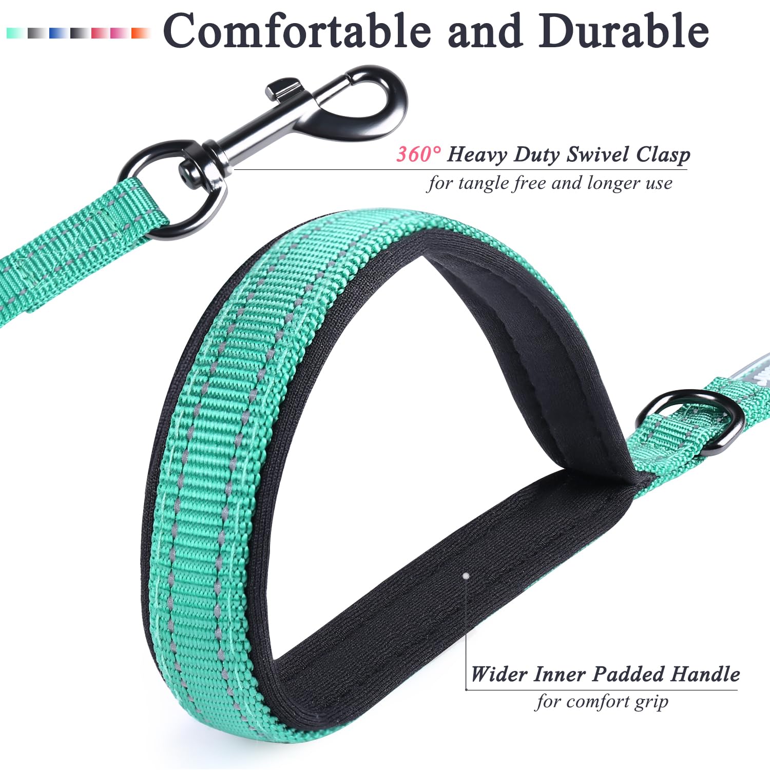 Vivaglory Traffic Handle Dog Leash, Two Padded Soft Handles Dog Leash, Strong Reflective & Metal Hook Training Pet Lead, Turquoi