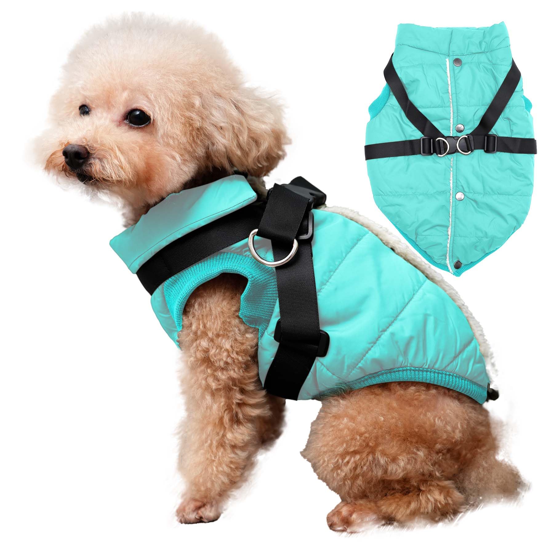 Joydaog Dog Jacket With Harness,Fleece Lined Warm Puppy Coat For Winter,Soft Windproof Small Dog Vest,Bluegreen M