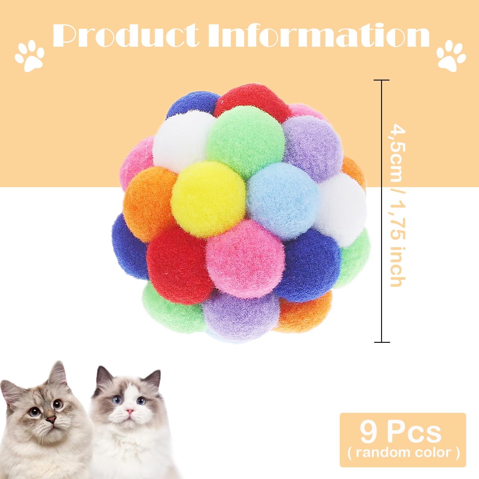 Thxutm Cat Toy Balls 9Pcs - 1.75'' Plush Washable Balls For Kittens | Ultra-Soft Chew Toys, Noiseless Interactive Play, Durable