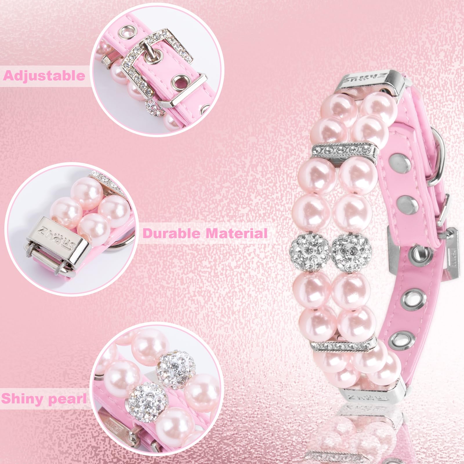 Howwfaly Dog Cat Pearl Collars With Crystal Rhinestone Pu Leather Collars Necklace Adjustable Collardog Chain Cat White Pearl Pe