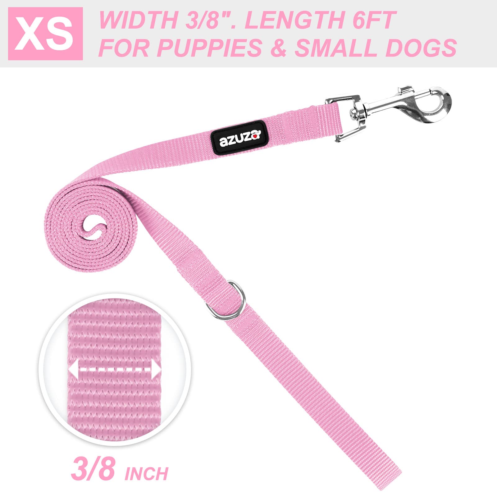Azuza Nylon Dog Collar And Leash Set, Strong & Durable Basic Style Leash With Easy To Use Collar Hook, Available In Multiple Lengths For Puppy And Small Dogs, Pink,Xs