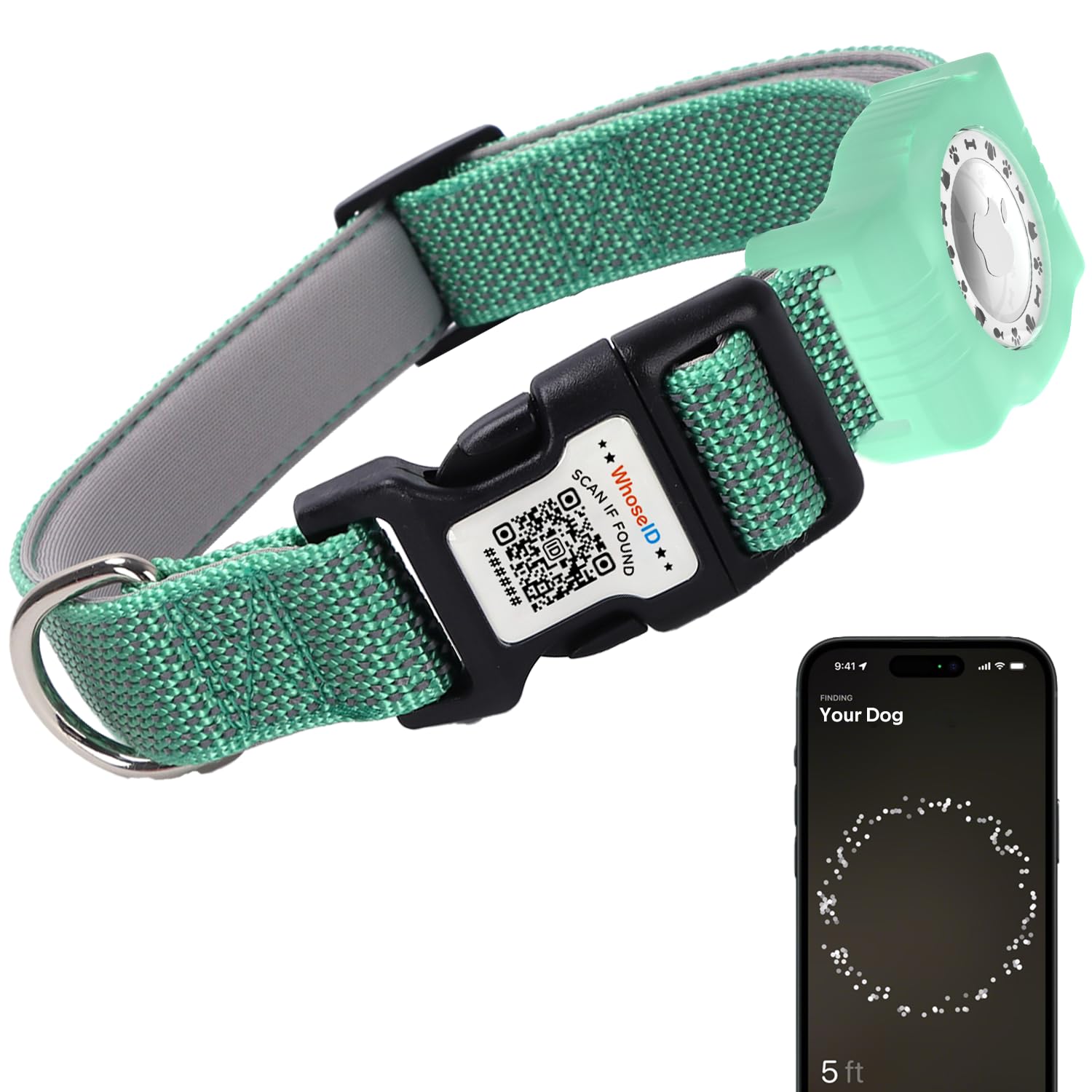 Whoseid Reflective Dog Collar With Airtag Holder,Adjustable Dog Collar With Neoprene Padded & Anti-Lost Qr Code Buckle (Green, S