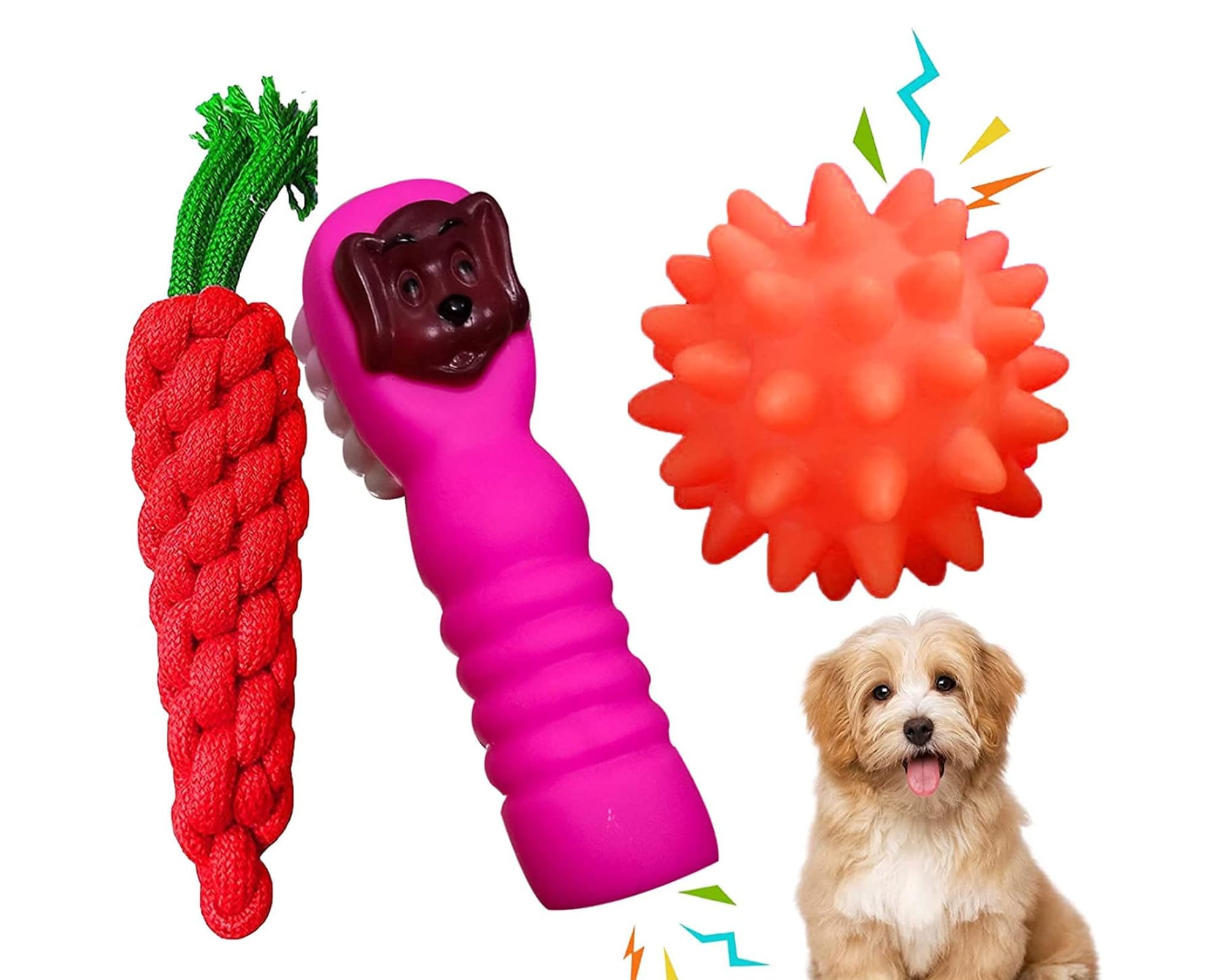 Kittupet Dog Squeaky Toy And Rope Toy Combos Toys For Puppy (Pack Of 3, Color May Vary)