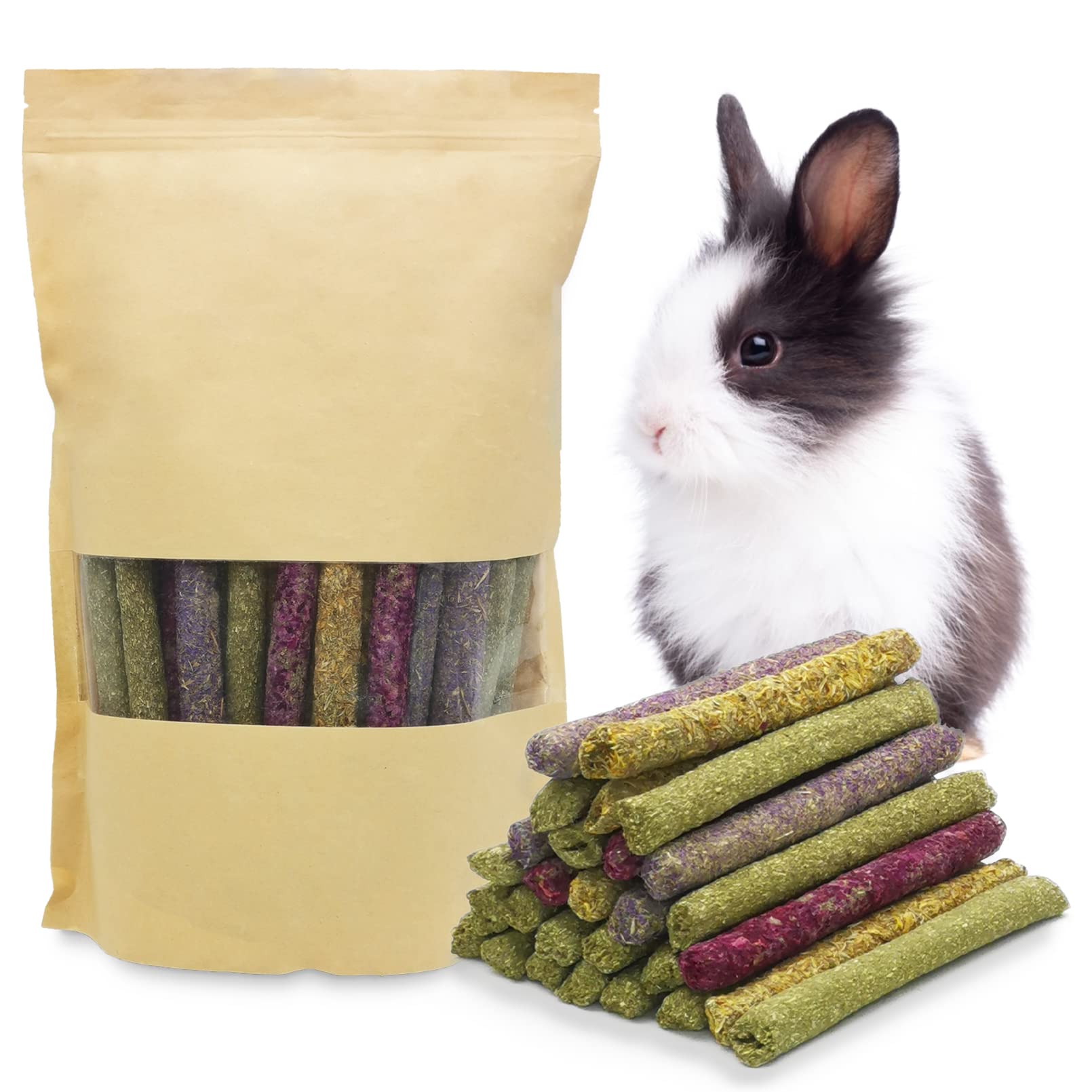 Fhiny 68 PCS Rabbit Chew Sticks, Natural Petals Timothy Hay Sticks Guinea Pig Chewing Toys for Teeth Small Animals Molar Snacks 