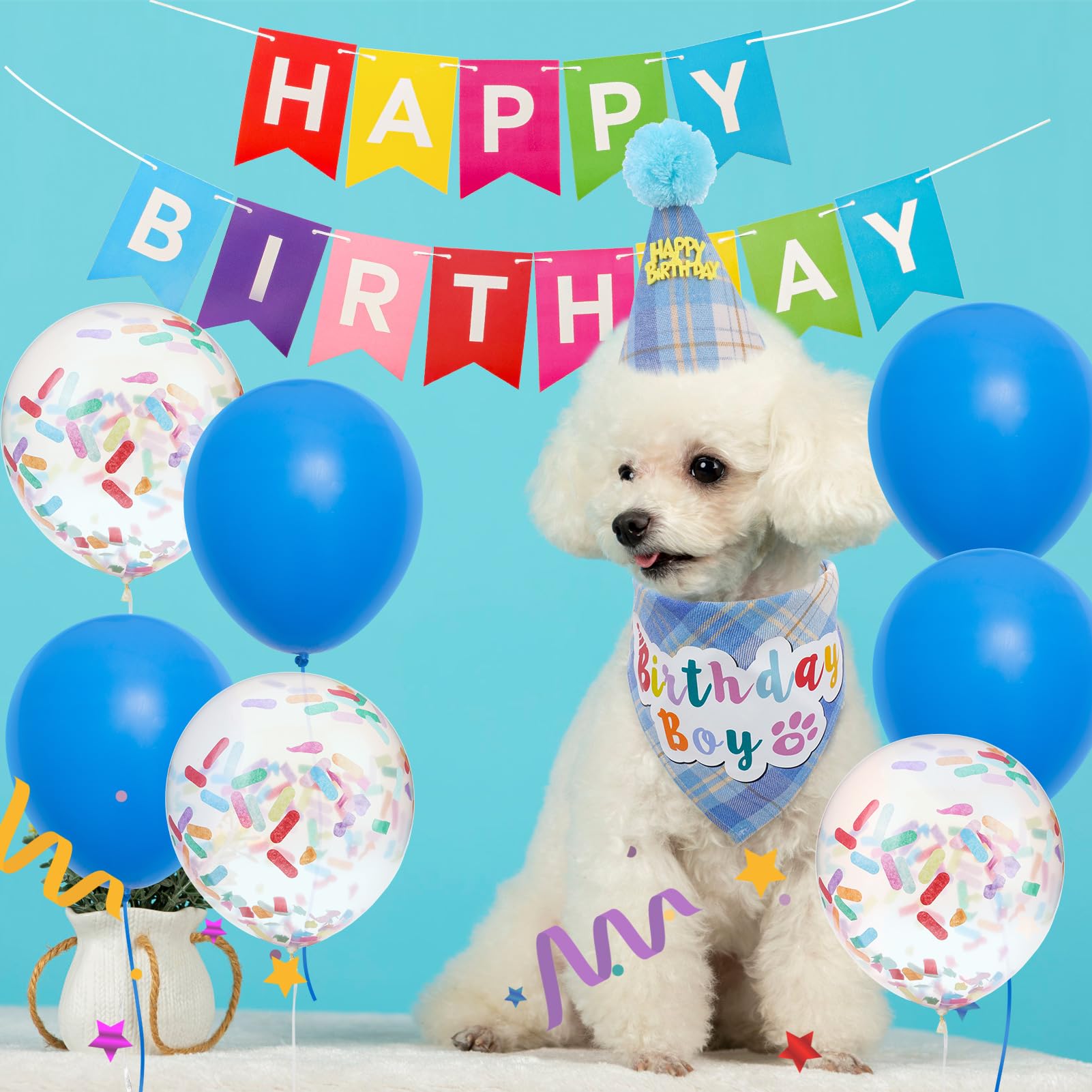 SCENEREAL Dog Birthday Bandana Hat Set, Puppy Birthday Party Supplies for Boys Dogs, Pet Birthday Scarf Outfit with Sign Banner