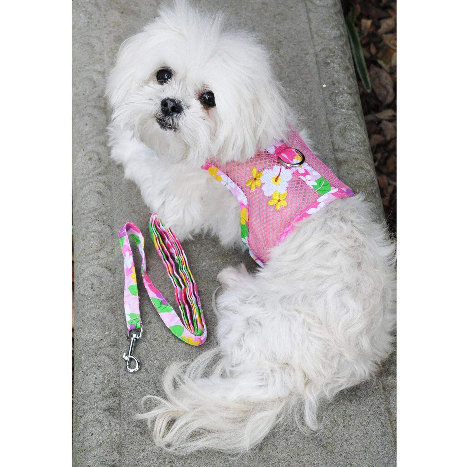 Cool Mesh Dog Harness - Dog Vest For Pets, Simple Step In And Go Design, Harness For Dogs With Leash, Pink Hawaiian Floral, Medi