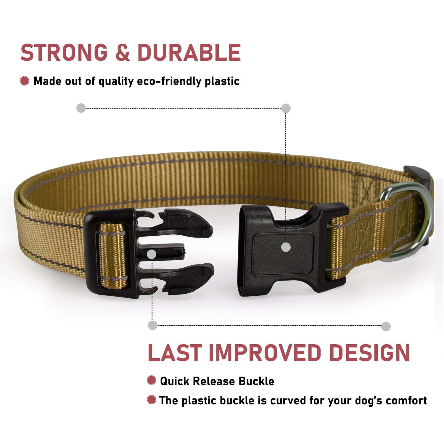 Reflective Dog Collar With Buckle Adjustable Safety Nylon Collars For Small Medium Large Dogs, Brown L