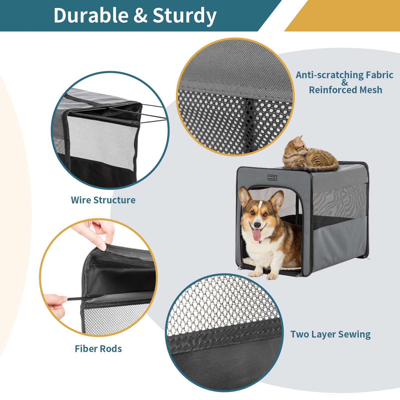 Petsfit Collapsible Dog Crate, Upgrade Zipper And Strengthen The Seam, To Prevent From Escaping, Dog Travel Crate 24 Inch Grey