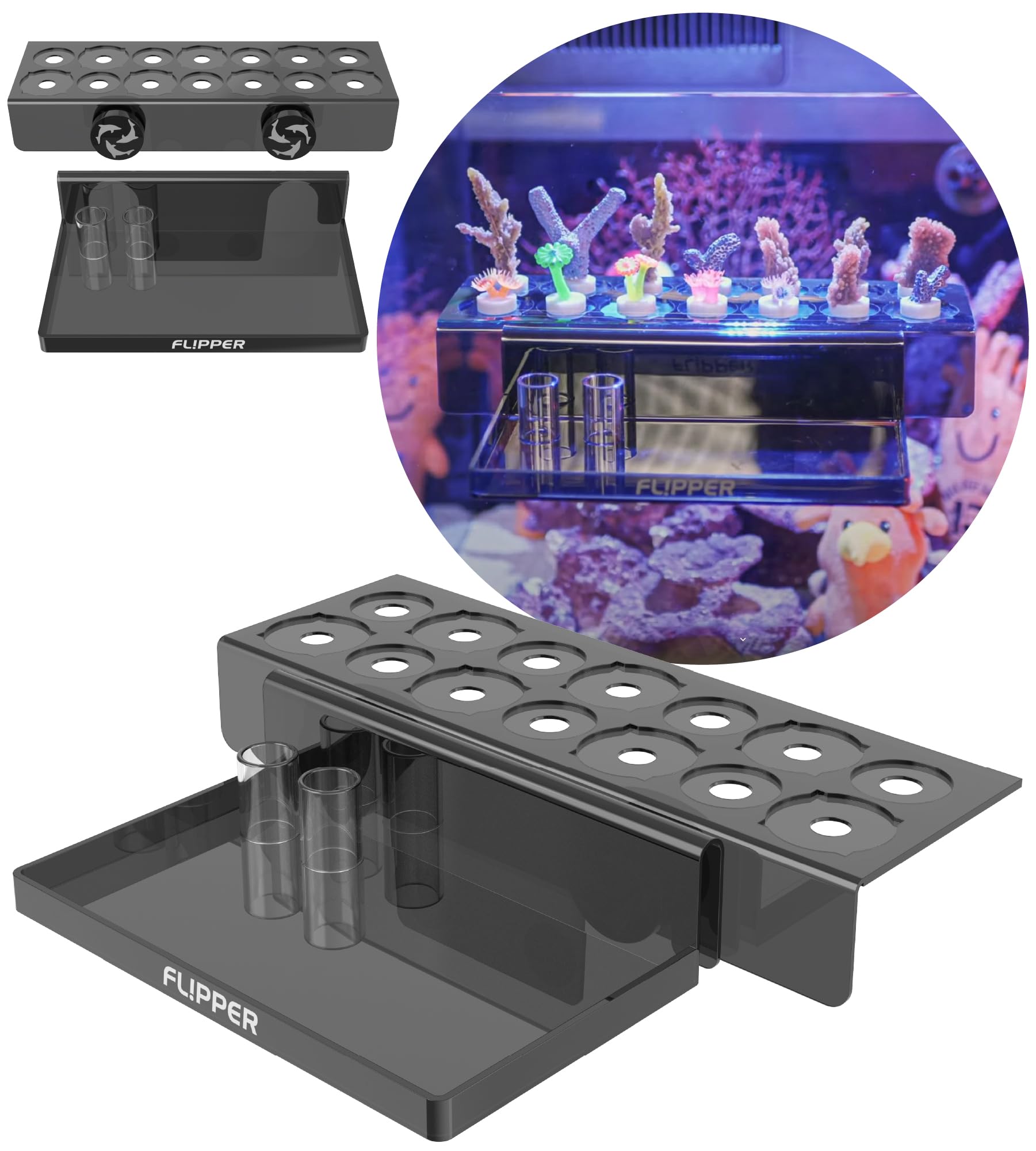 Fl!Pper Flipper Magnetic Frag Station Aquarium Rack With Removeable Shelf For Aquatic Coral Reefs - Holds 14 Frags - Black