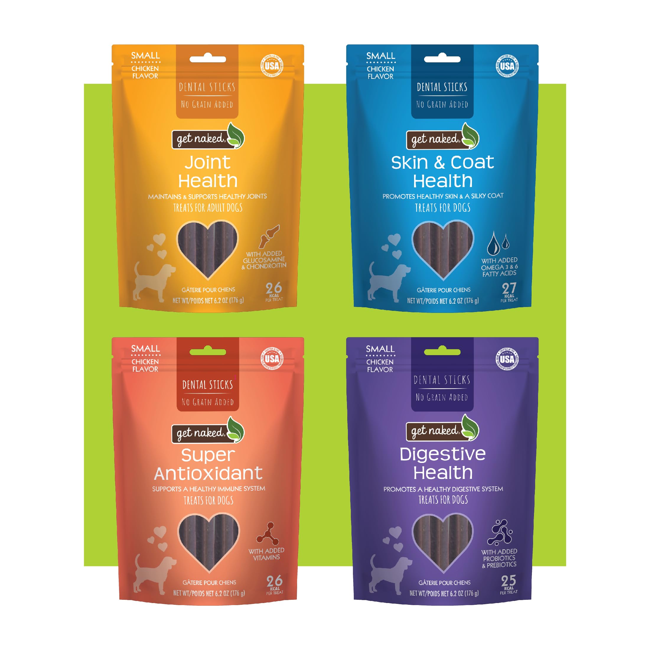 Get Naked Dental Sticks Grain-Free Chicken Flavor Dog Treats Variety Pack, Digestive Health + Skin & Coat + Joint Health + Super