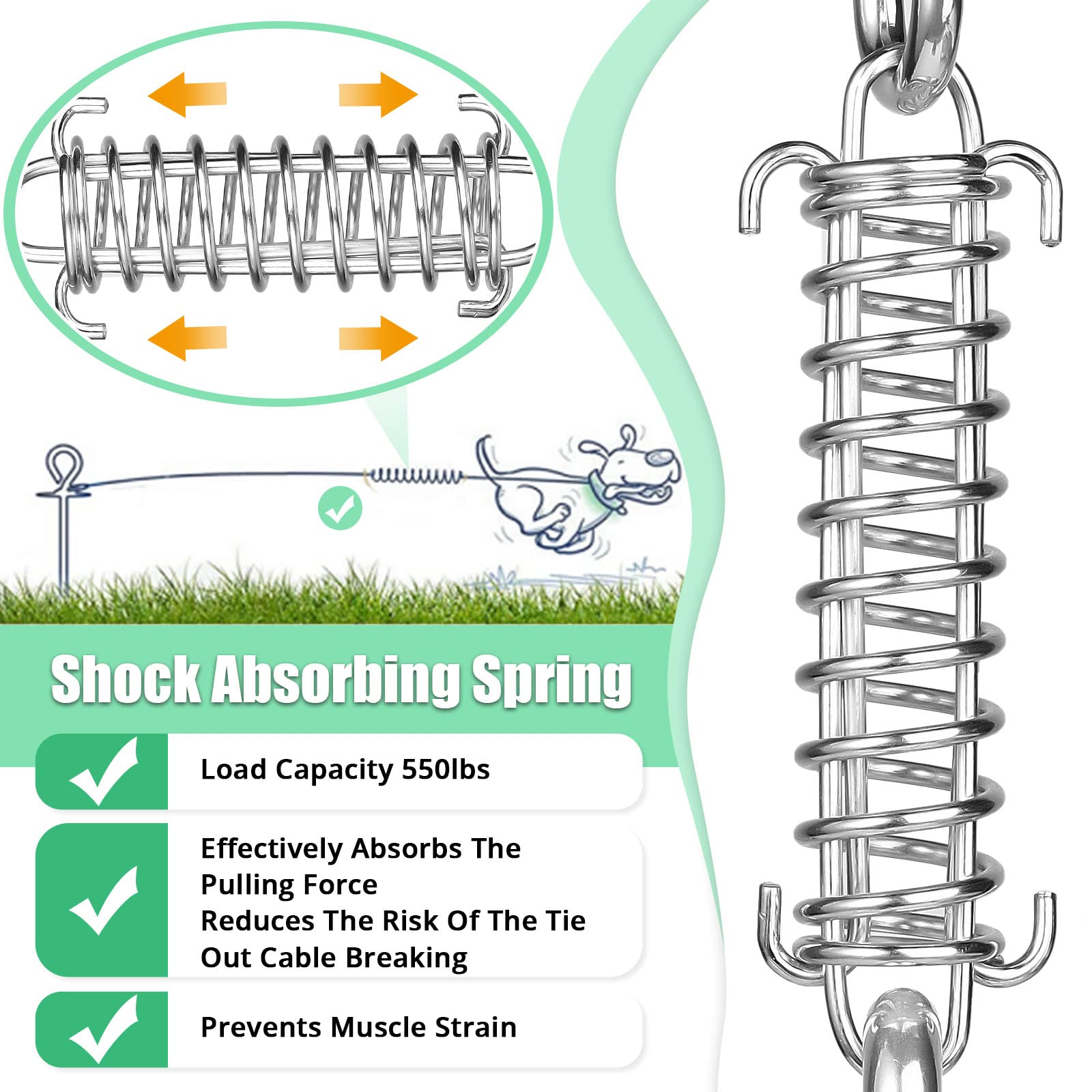 Dog Tie Out Cable: Reflective 15 Ft Heavy Duty Dogs Chain For Outside With Shock Absorbing Spring - Dog Runner Leash For Yard Ca