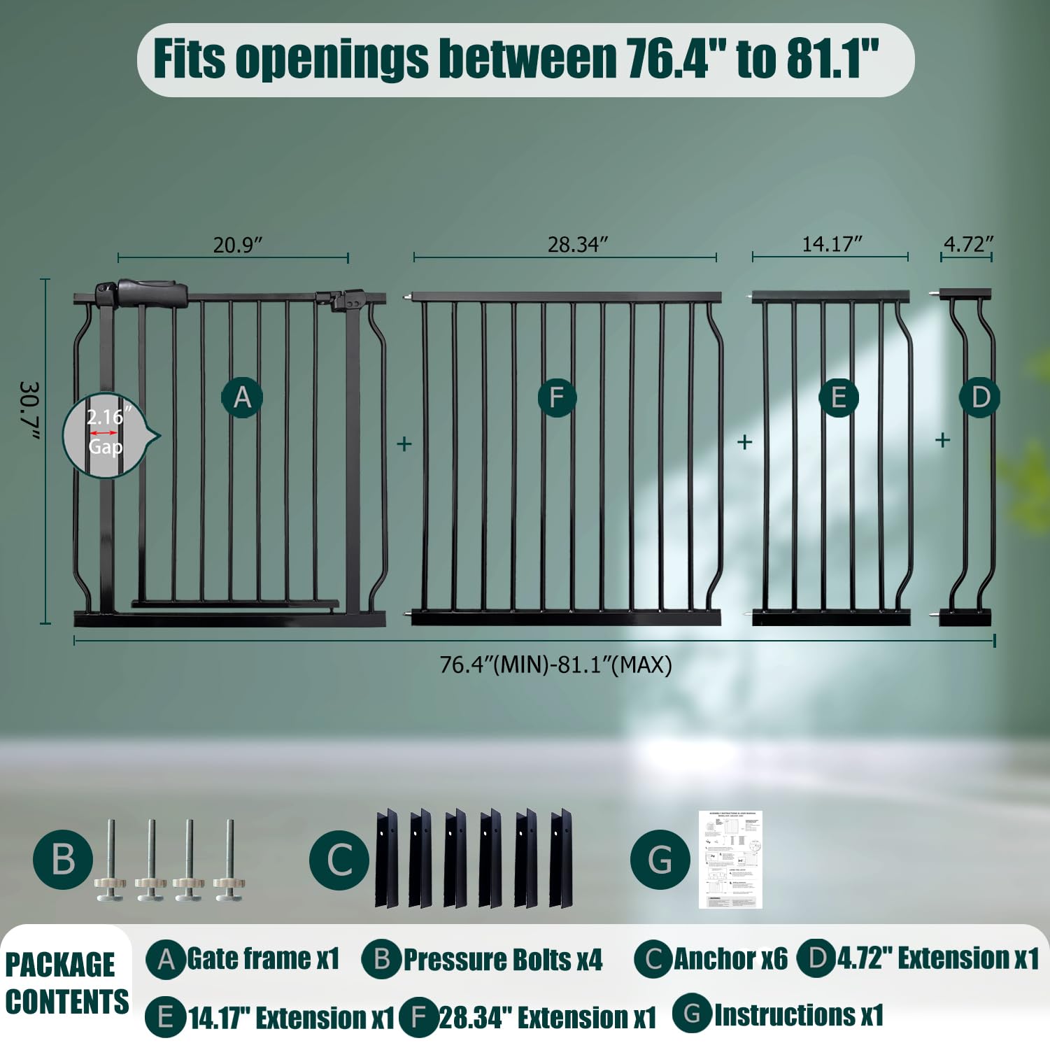 Heavy Duty Baby & Pet Safety Gate - Extra Wide 76.4-81.1 Inch, Black Metal, Pressure Mounted, Walk-Through