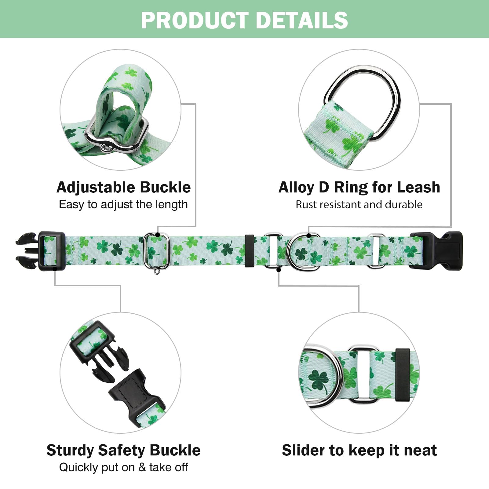 Hikiko St Patrick'S Day Martingale Collar For Dogs With Quick Release Buckle Nylon Adjustable Dog Collars Pet Gift Walking Train