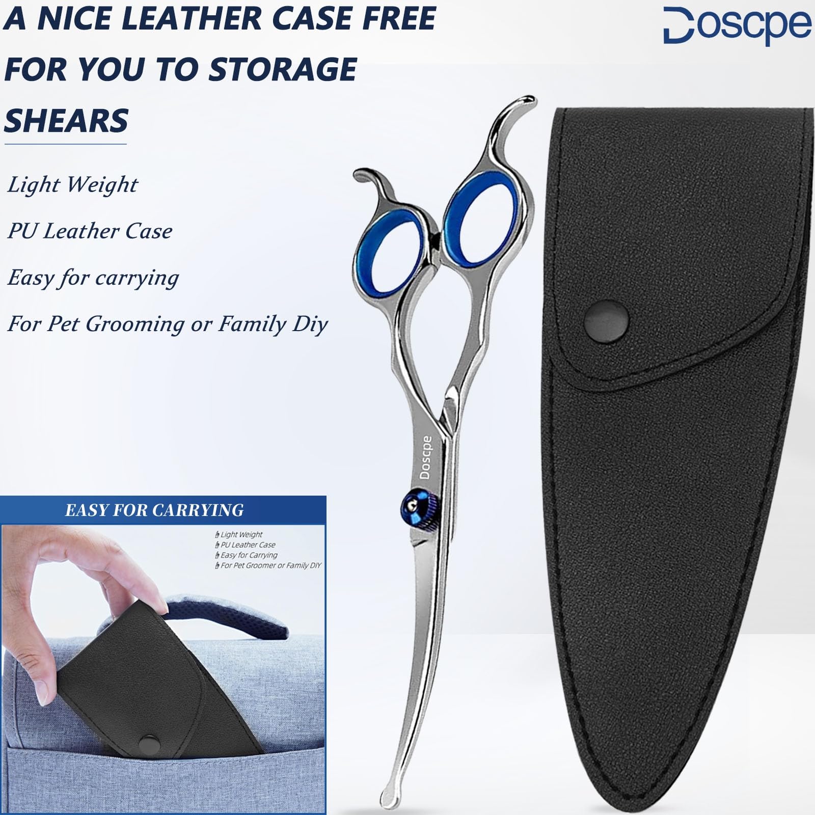 Doscpe Dog Grooming Scissors 7.28" Stainless Steel Round Tips Shears for Pets, Blue, Model LSY117