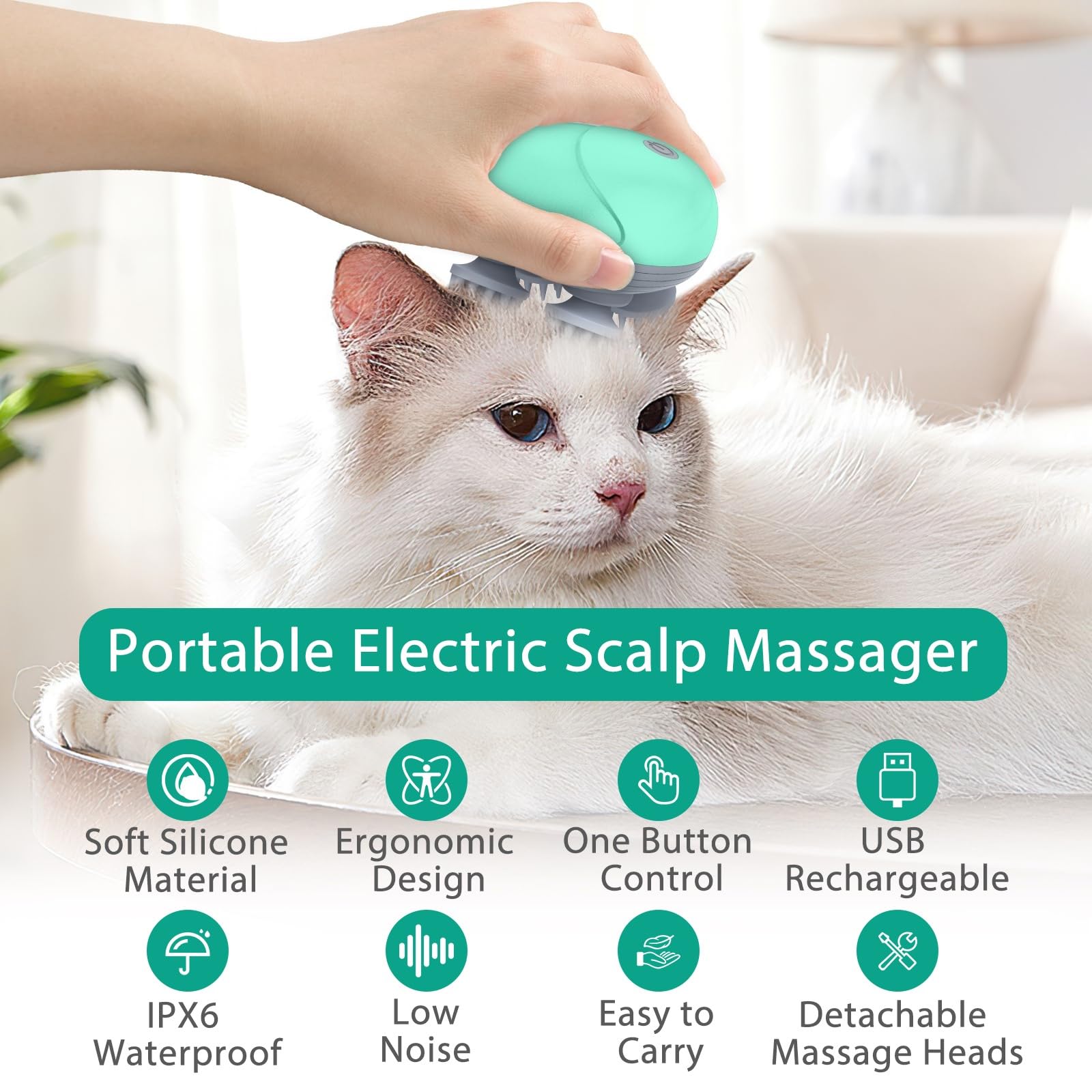 Oria Electric Pet Massager, Handheld Dog And Cat Massage, Waterproof Pet Bath Brush, Electric Head Massager, With 3 Modes, 4 Det