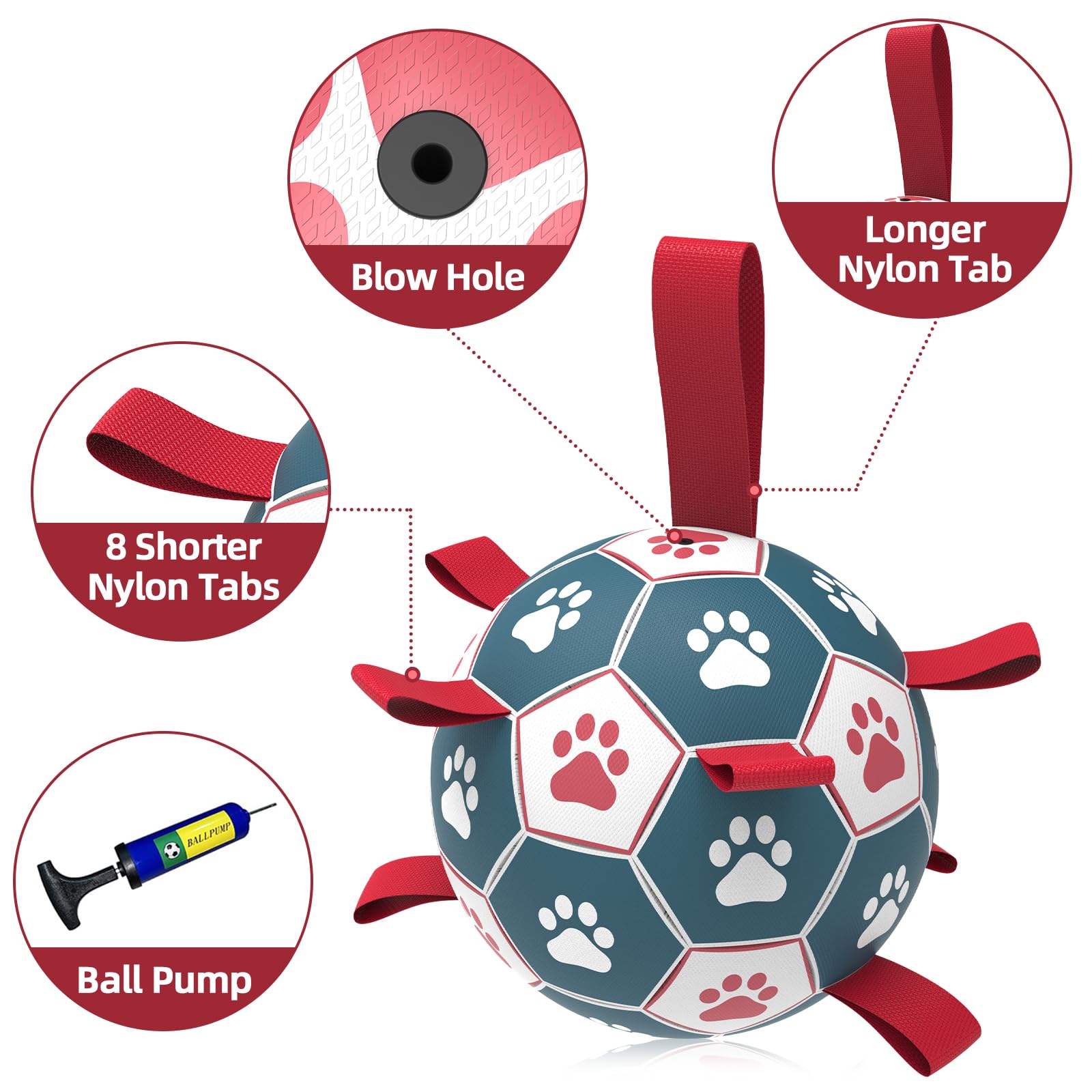 Qdan Dog Toys Extra Large Soccer Ball With Straps, Interactive Toys For Tug Of War, Puppy Birthday Toy, Dog Water Toy, Dog Balls For Large Dog -Blue&Red (9 Inch)