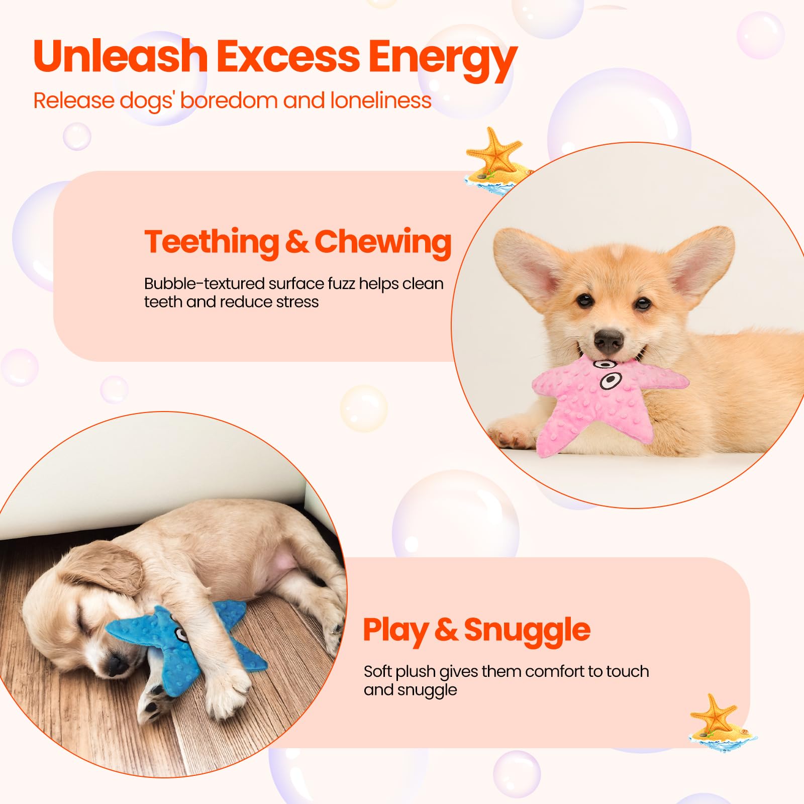 HGB Squeaky Dog Toys - Starfish No Stuffing Crinkle Plush Dog Toys for Small Medium Breeds, Puppy Toys to Keep Them Busy & Puppy