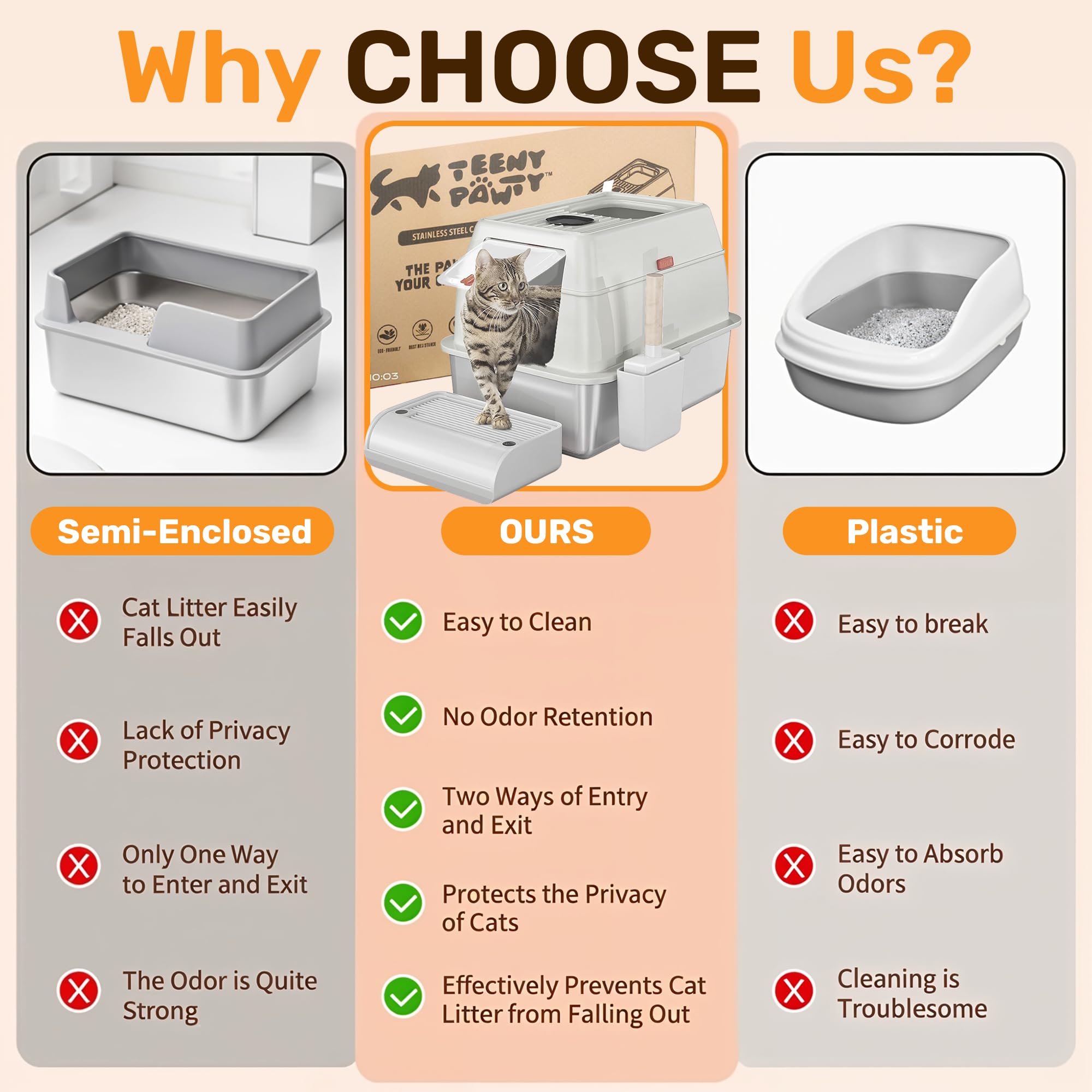 Xl Stainless Steel Cat Litter Box With Enclosure And Pooper Scooper - Durable Black Metal Litter Box For Big Cats, High Sides Fo