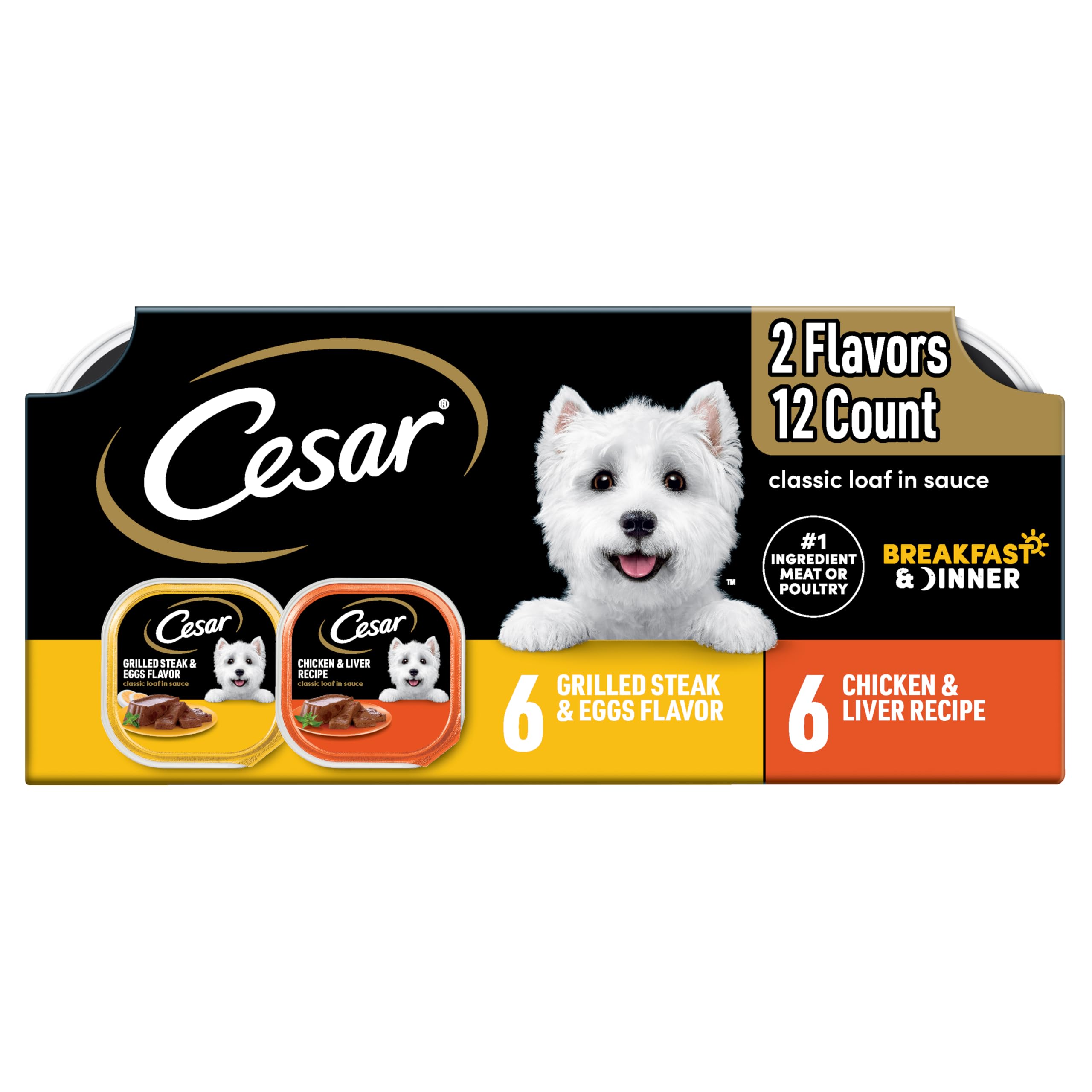 Cesar Wet Dog Food Classic Loaf in Sauce Breakfast and Dinner Mealtime Variety Pack, 3.5 oz. Easy Peel Trays (12 Count, Pack of
