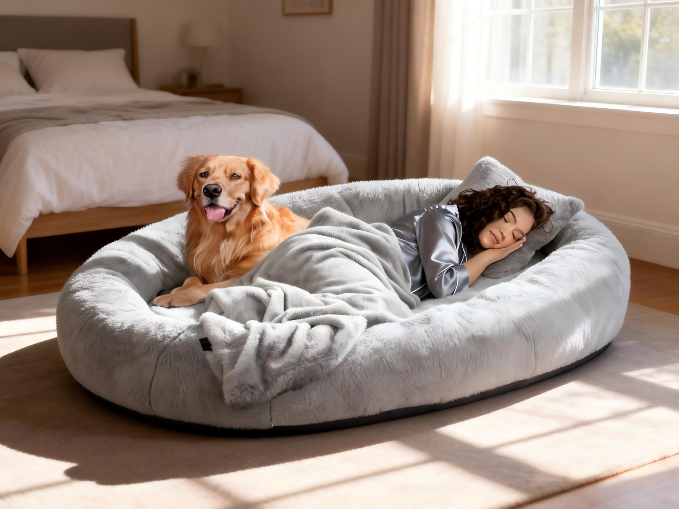 Elevon Human Dog Bed for Adults, 71x47x12 Large Size Dog Bed with Soft Blanket & Pillow, Comfort Washable Faux Fur Fluffy NEP Be