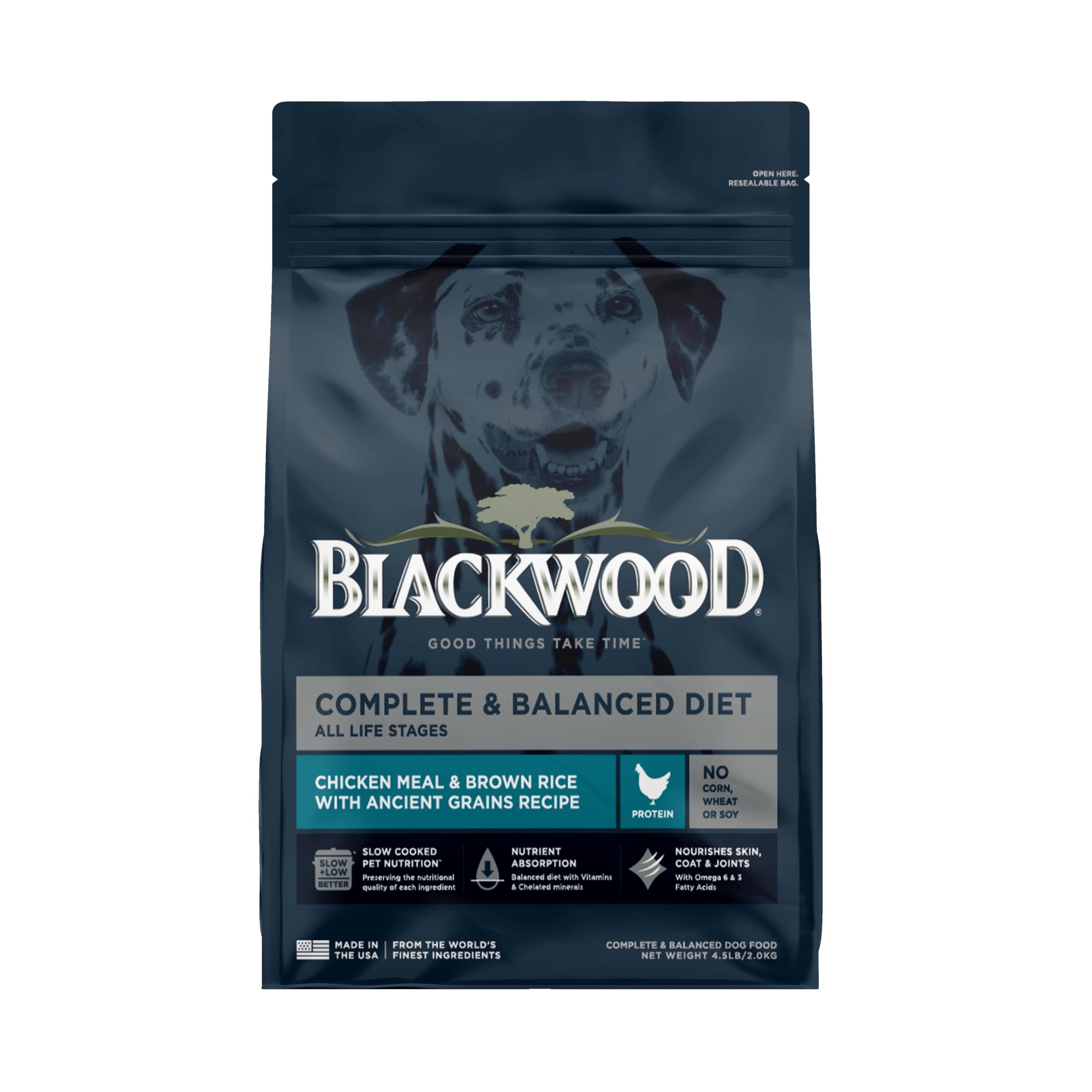 Blackwood Complete & Balanced Diet Dry Dog Food, Chicken Meal & Brown Rice with Ancient Grains, 4.5 Pound Bag, Slow Cooked with 