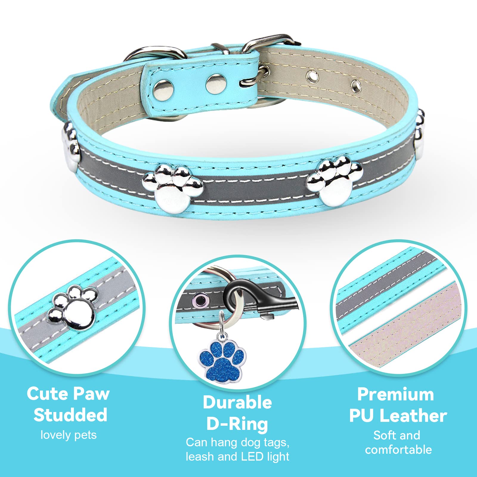 Petcare Reflective Dog Collar With Cute Paw Rivet Studded Funny Soft Pu Leather Adjustable Puppy Dog Collars For Small Medium Large Dogs Cats (Blue,Medium)