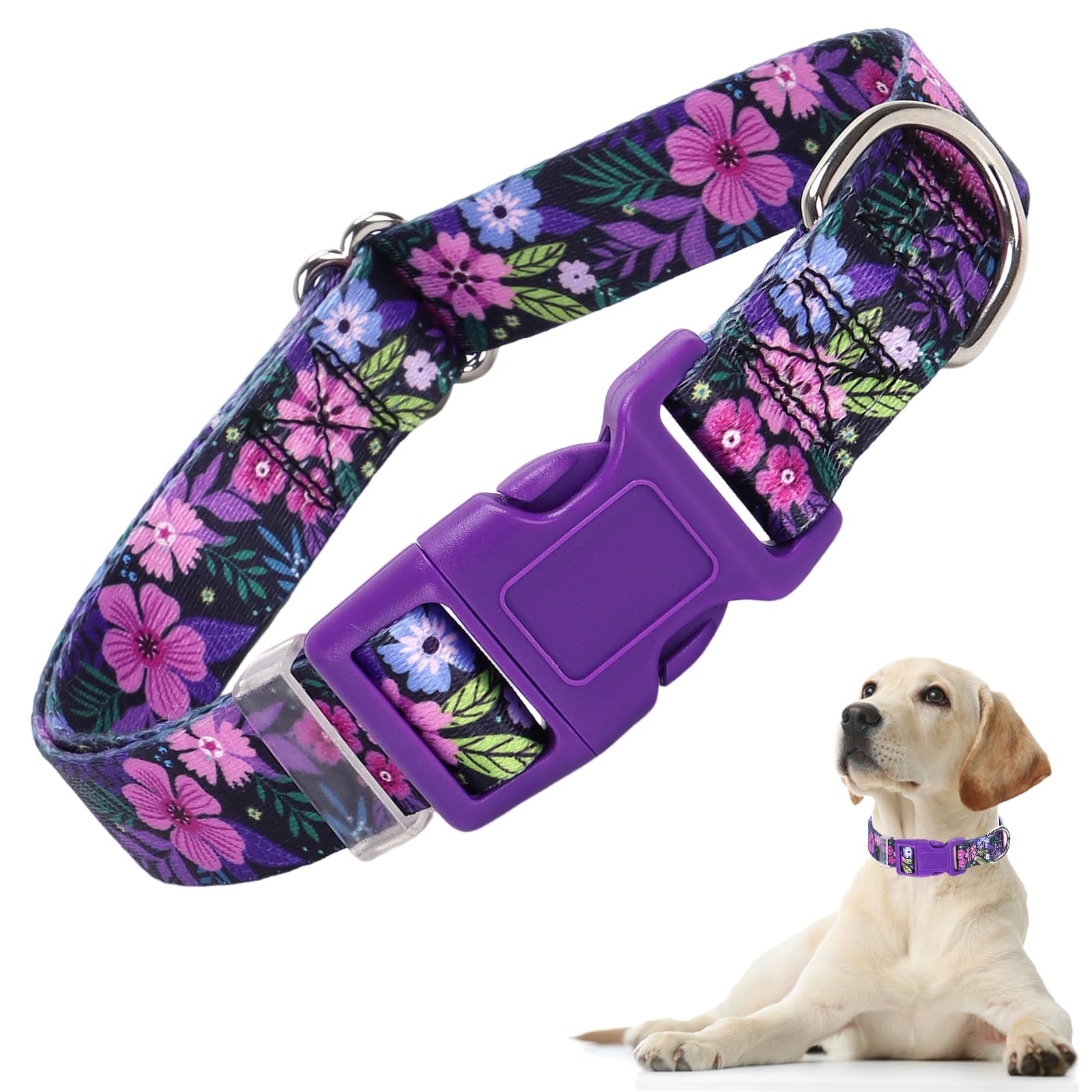 Puppy Collar, Cute Girl Purple Dog Collar With Boho Flowers Patterns, Adjustable Comfy Soft Durable Pet Cat Collar For Xs Small 