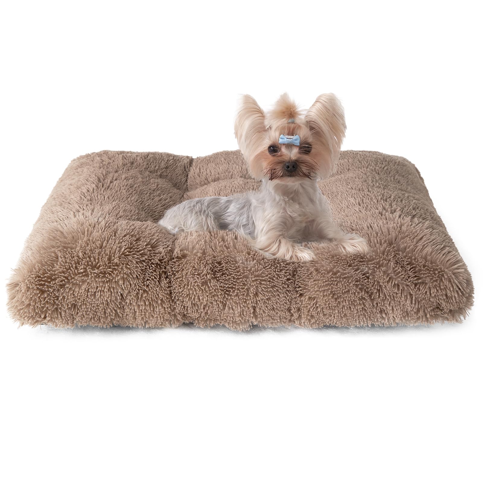 Eheyciga Fluffy Dog Crate Bed For Small Dogs, Plush Faux Fur Dog Crate Pad, Calming Anti Anxiety Small Dog Bed For Crate, Washable Soft Warm Dog Crate Mat With Non-Slip Bottom, Camel