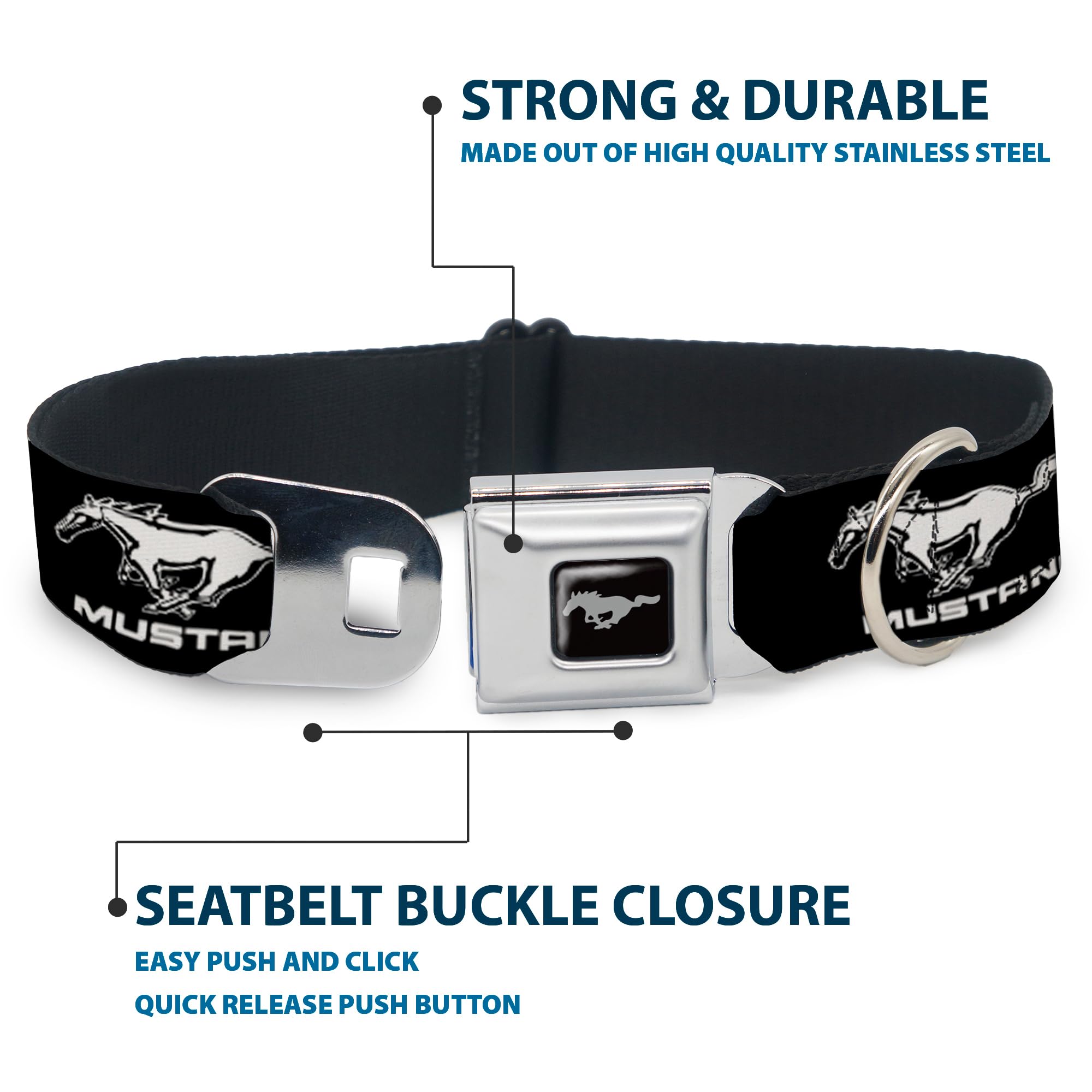 Buckle-Down Dog Collar Seatbelt Buckle Ford Mustang Black White Logo Repeat, 1.5'''' Wide - Fits 13-18'''' Neck - Small (Dc-Wfm0