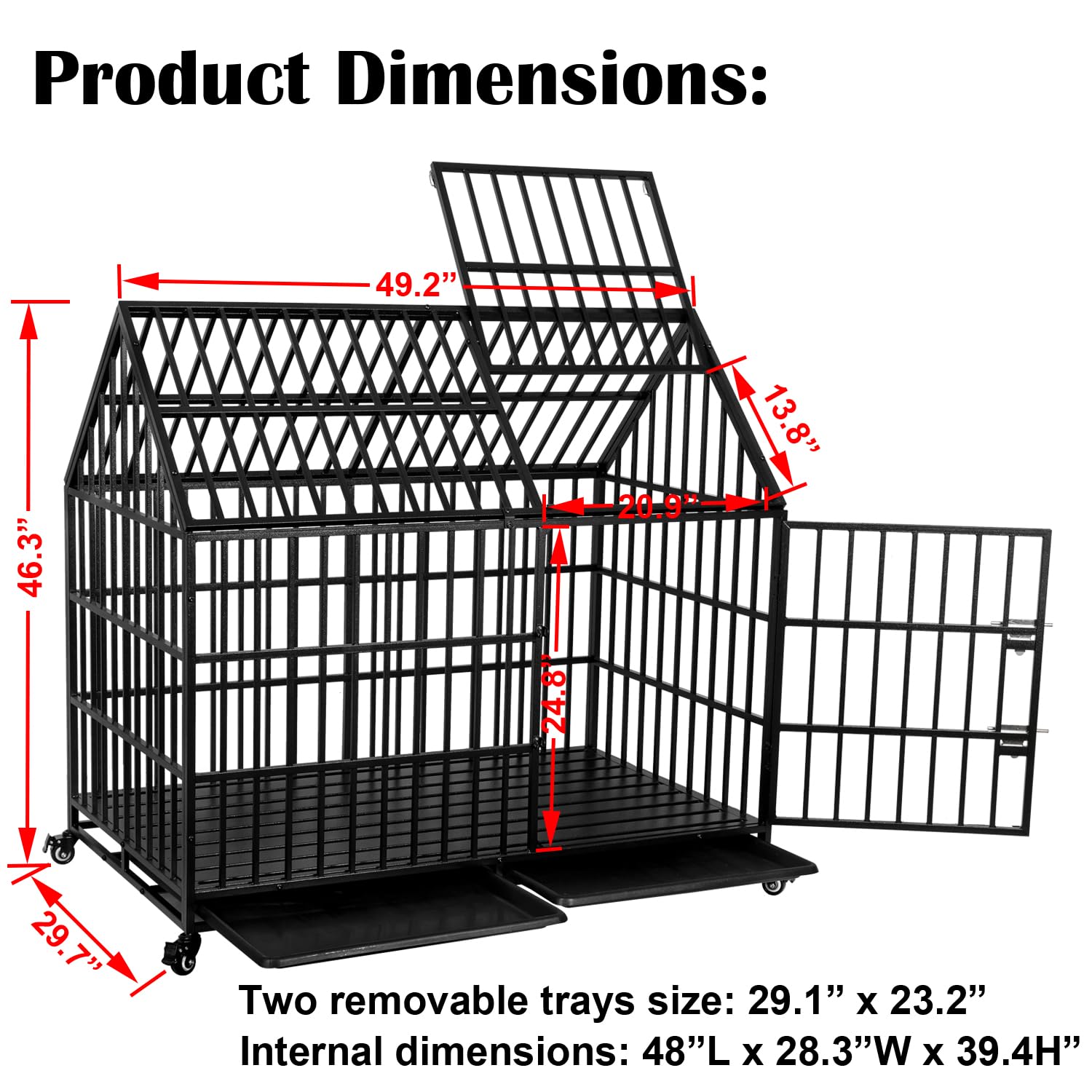 Ufyerutg 50'' Indestructible Heavy Duty Dog Crate, Escape Proof Strong Steel Impact Pet Cage For Extra Large Giant Dogs, High An