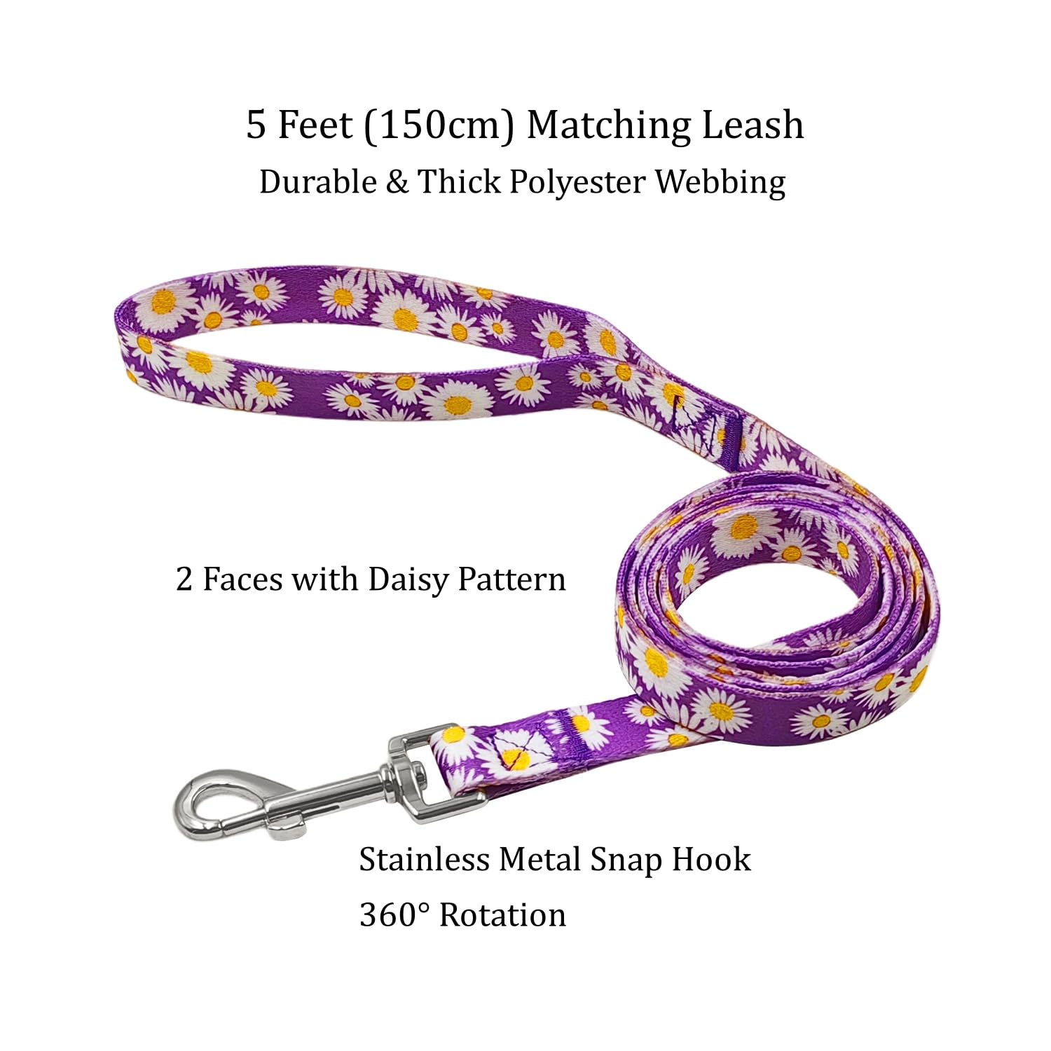 Olahibi Dog Collar And Leash Set, Cute Daisy Pattern, Polyester Material, 5Ft Leash, For Small Dogs.(Small,Purple Daisy)