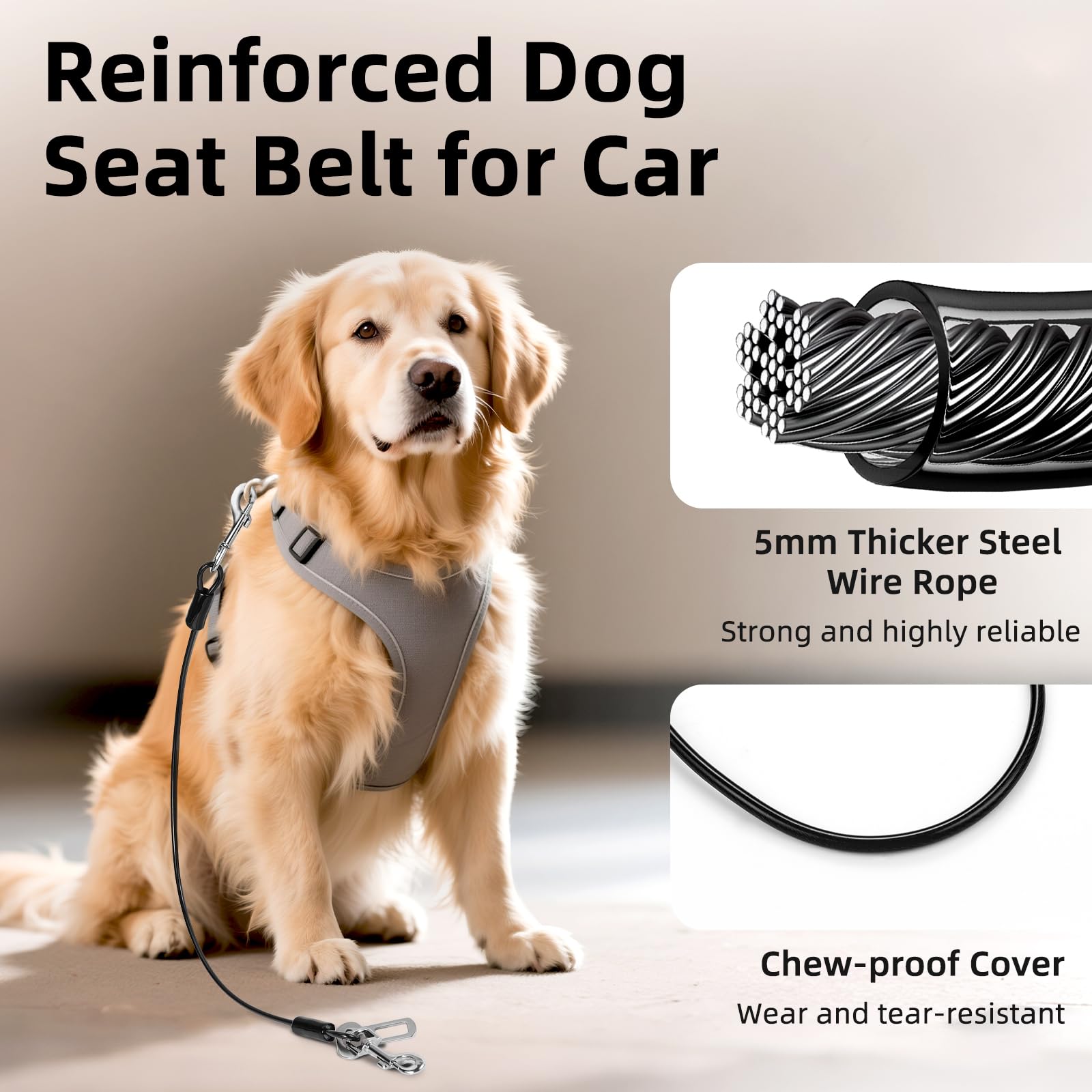 Vavopaw Dog Seat Belt For Car, 32'' Chew-Proof Coated Wire Dog Car Leash Seat Belt, Dog Leash With Buckles And Latch, Safety Har