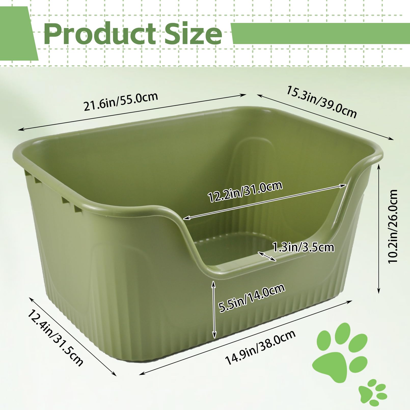 MUYG Large Cat Litter Box, Green, 21.45x16.14x10.43 IN, High Sides, Easy Clean, Low Entry, Polypropylene, Model BHG053