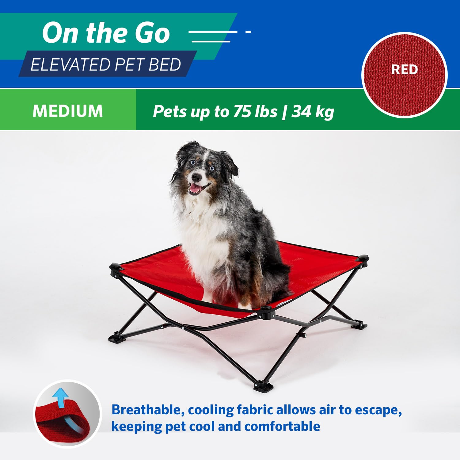 Coolaroo On The Go Pet Bed - Medium 30"x30" - Red - High Density Polyethylene (HDPE) - Model 499938