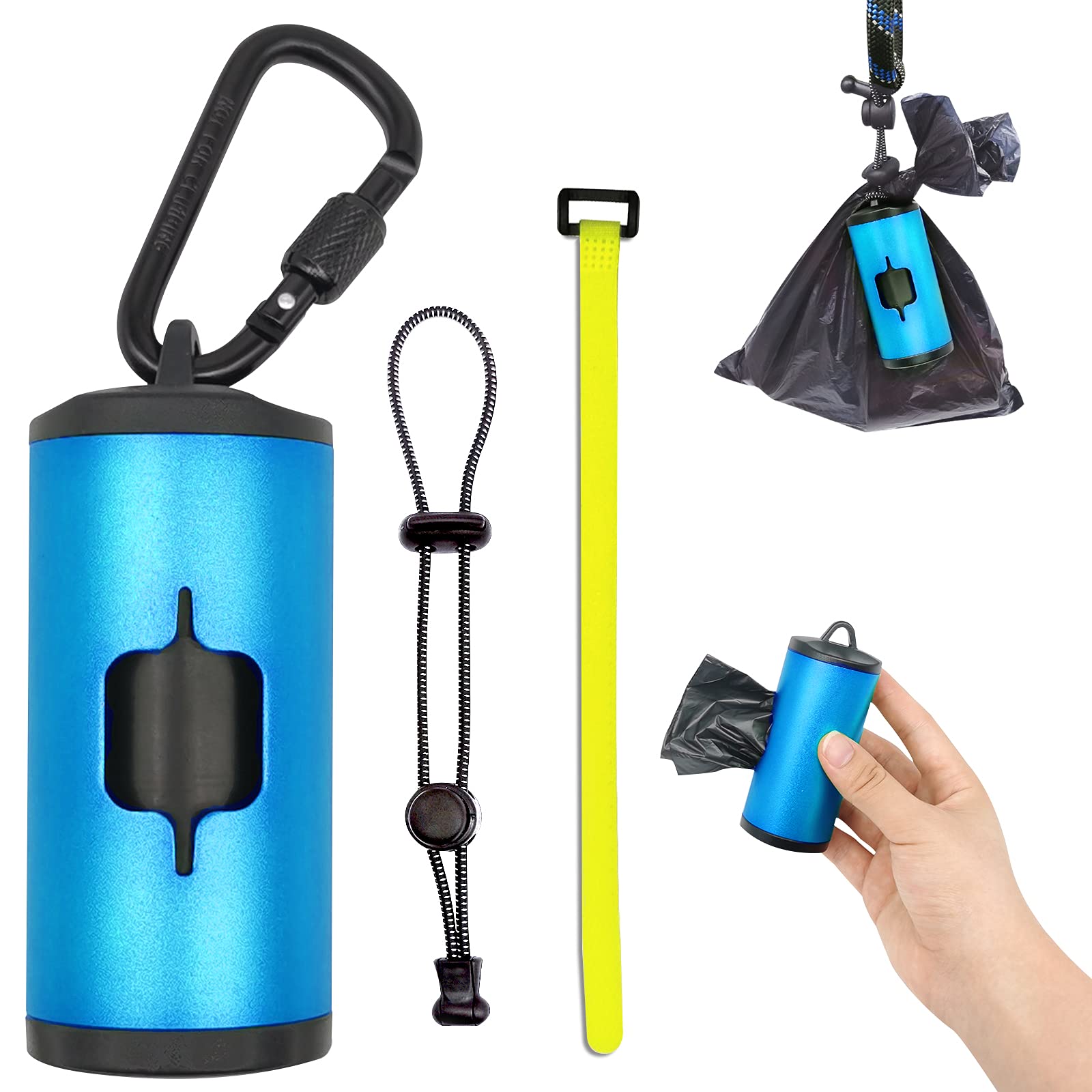 SHAOUMAN Dog Poop Bag Holder - Aluminum Dispenser with 15 Unscented Bags, 3 Leash Accessories, Blue, 1 Holder 15 Bags