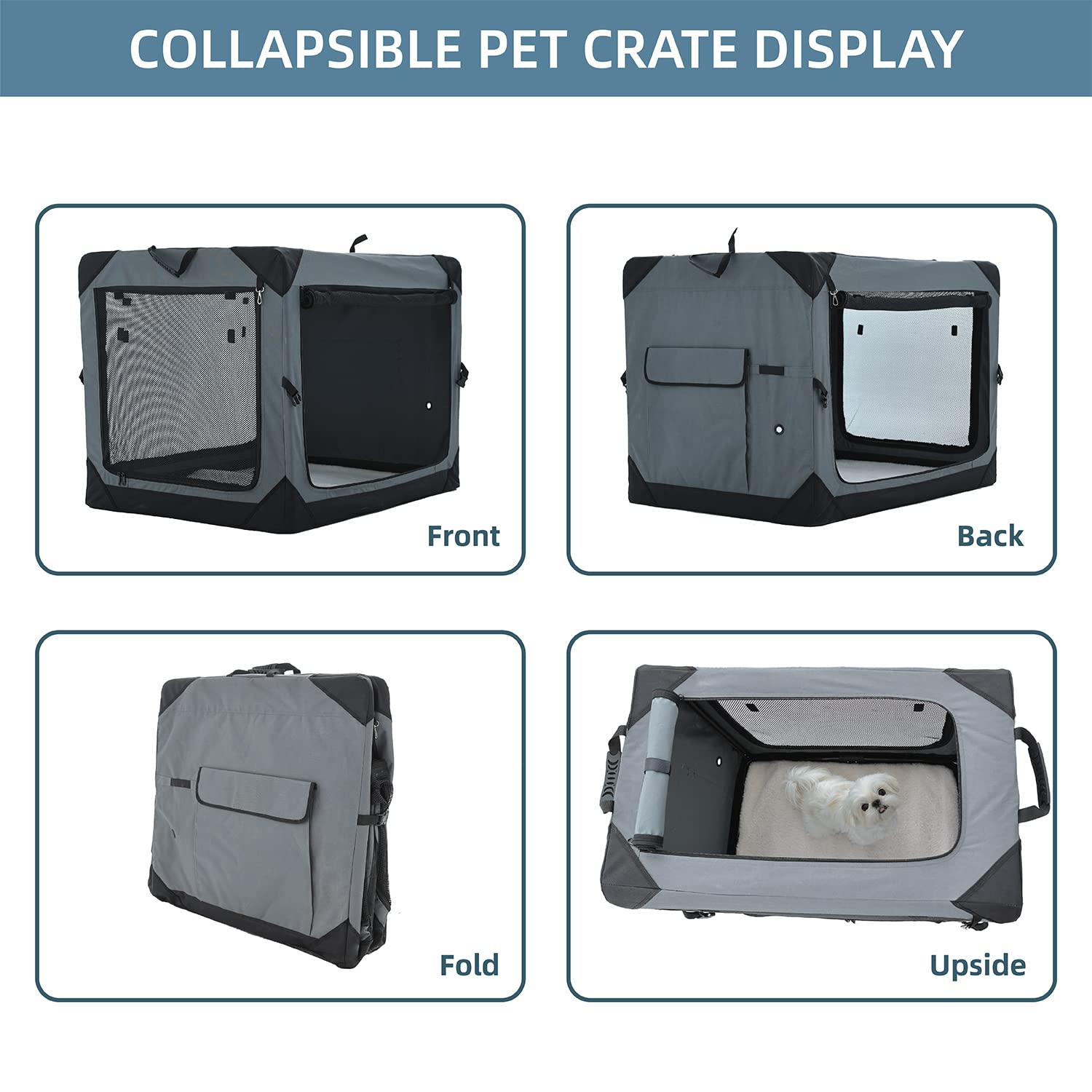 Pettycare 30 Collapsible Dog Crate for Medium Dogs - 4-Door Soft Kennel with Chew-Proof Mesh Windows, Grey Indoor & Outdoor Use