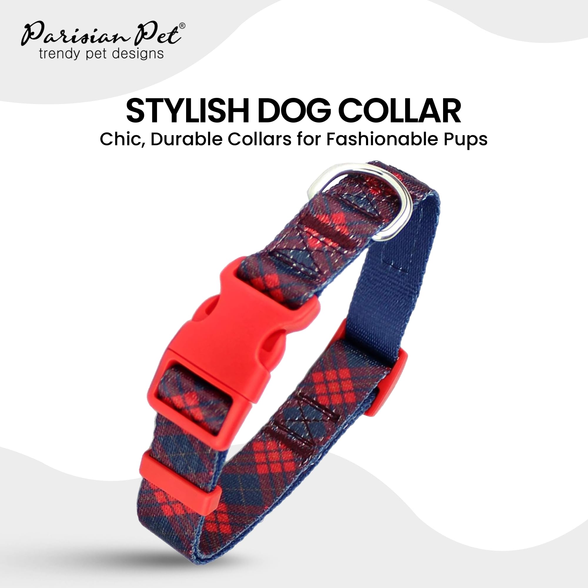Parisian Pet Dog Collar - Adjustable “ Scottish Red Plaid “ Pattern Puppies Collar - Comfortable, Nylon Dog Collar - Breathable Dog Collars For Large Dogs L