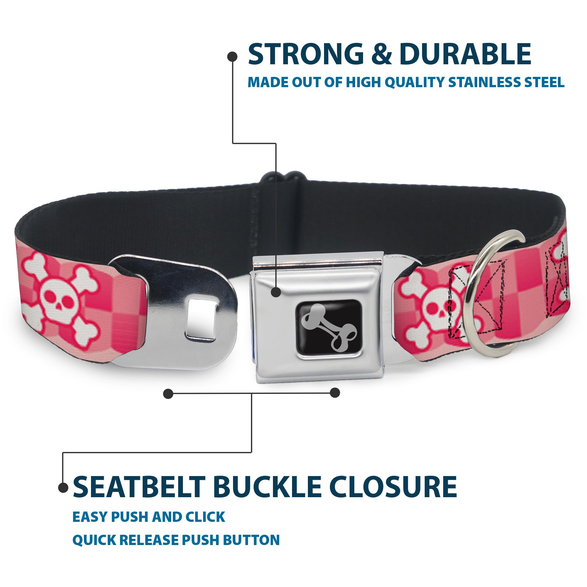 Buckle-Down Seatbelt Buckle Dog Collar - Cute Skulls W/Checkers Pinks/White - 1.5 Wide - Fits 13-18 Neck - Small