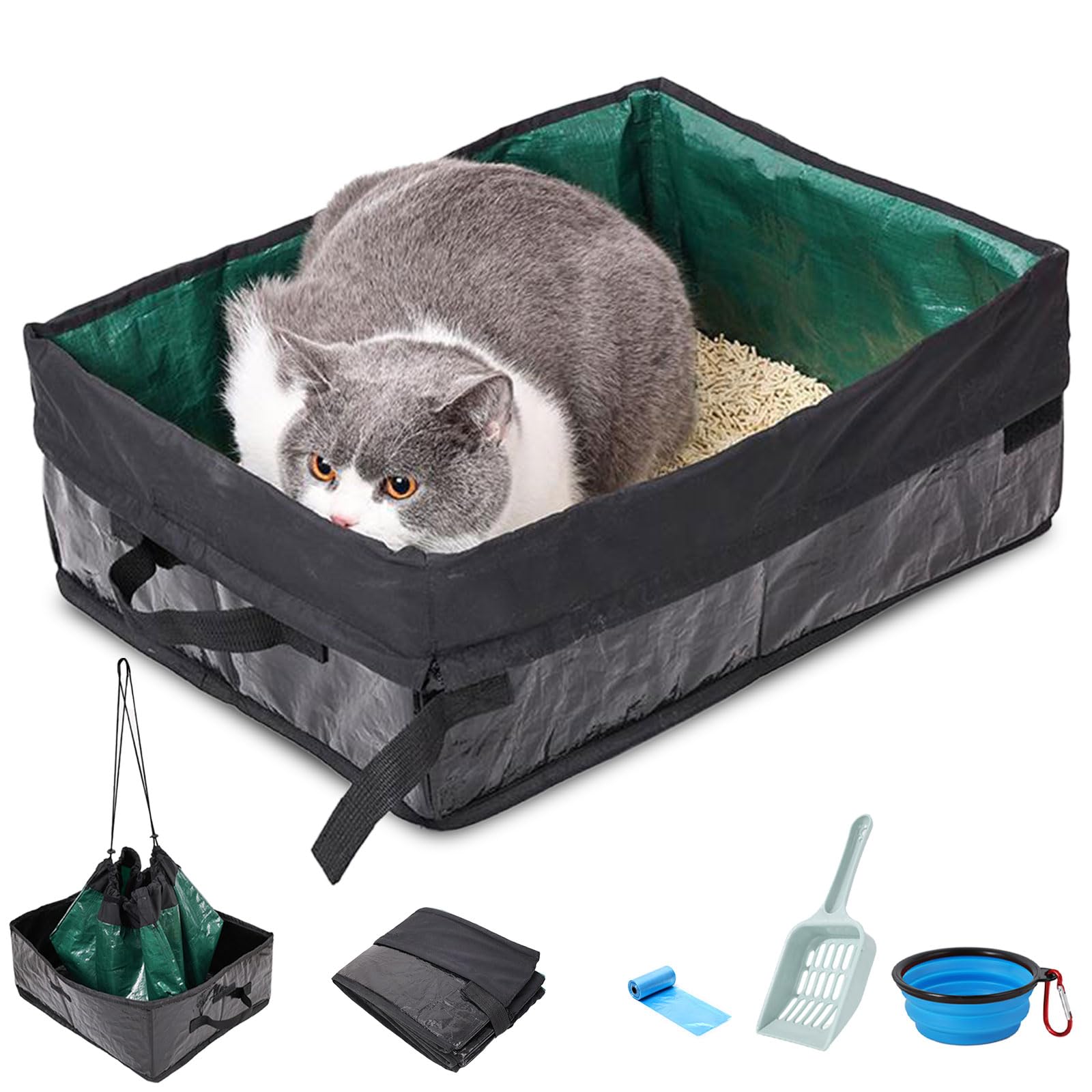 Belieonu Travel Litter Box For Cats, Foldable Portable Litter Box, Leak Proof Cat Travel Carrier With Kitty Litter Scoop Bowl, C