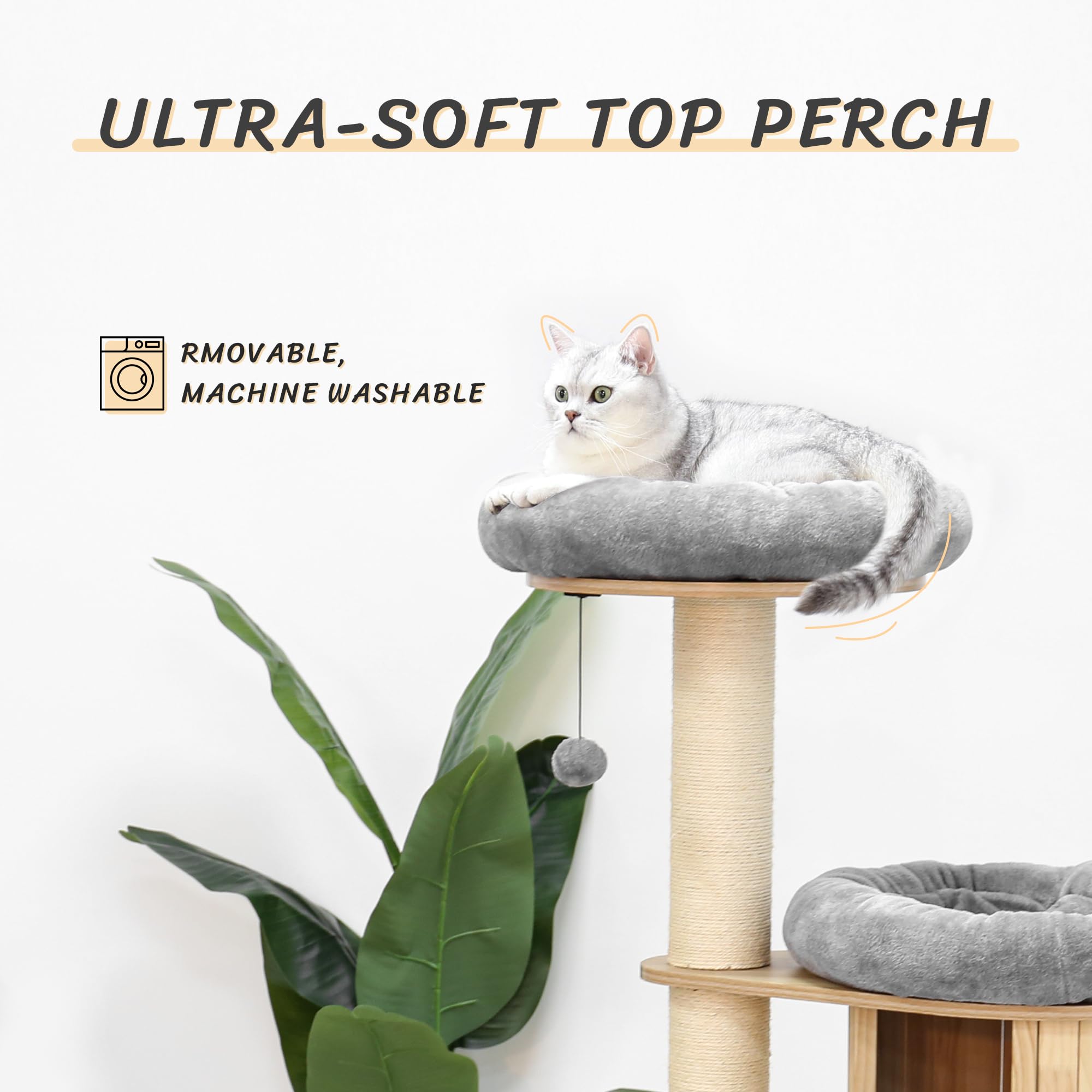 KAMABOKO Modern Cat Tree, Wood with Condo & Cushions, 58.6" Height, Heavy-Duty Design for Large Cats, Model KM001