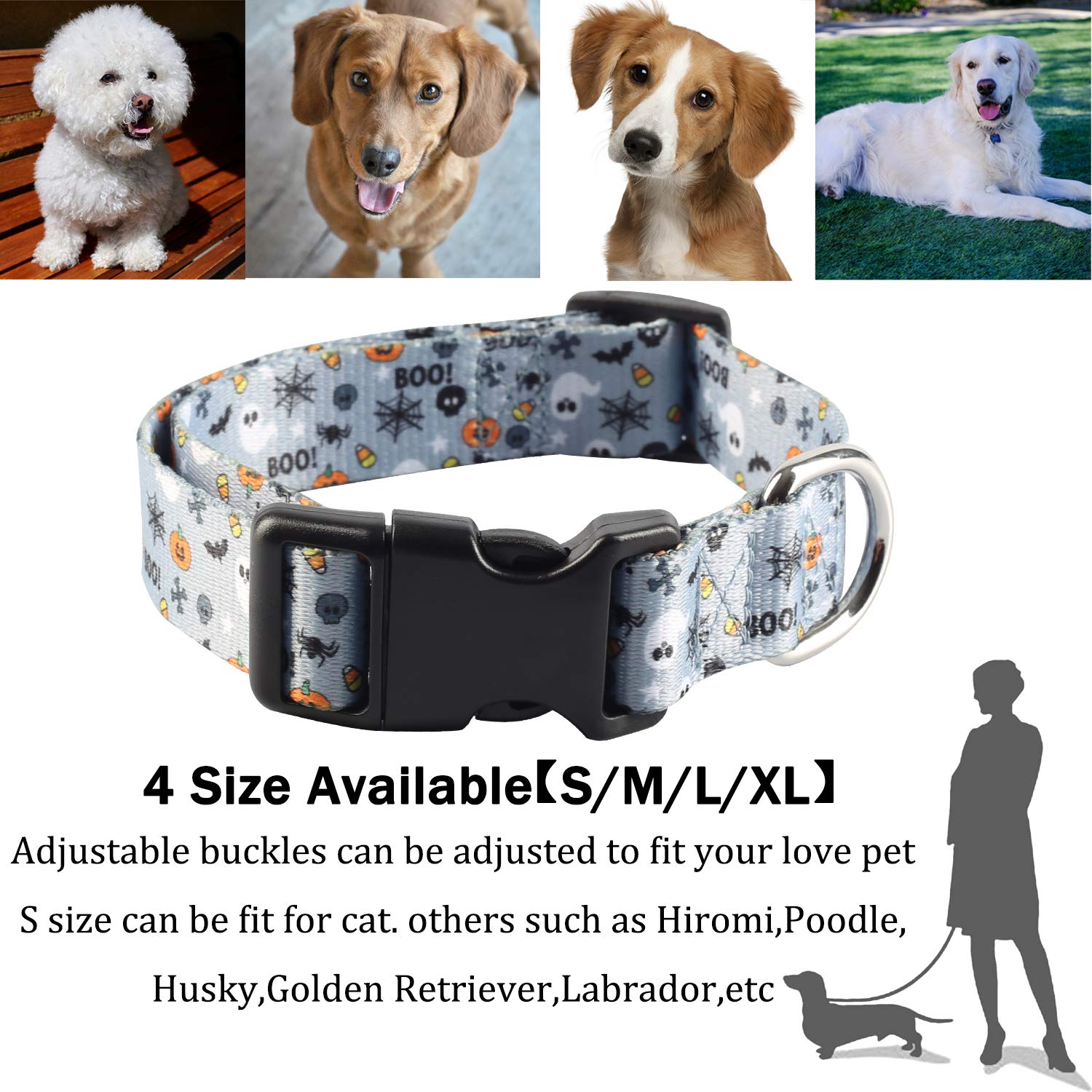 Impoosy2Pcs Dog Halloween Collar With Pet Ghost Leash Set Cat Skull Adjustable Dog Cute Collars For Small Medium Large Pets Dogs Cats (X-Lrge)