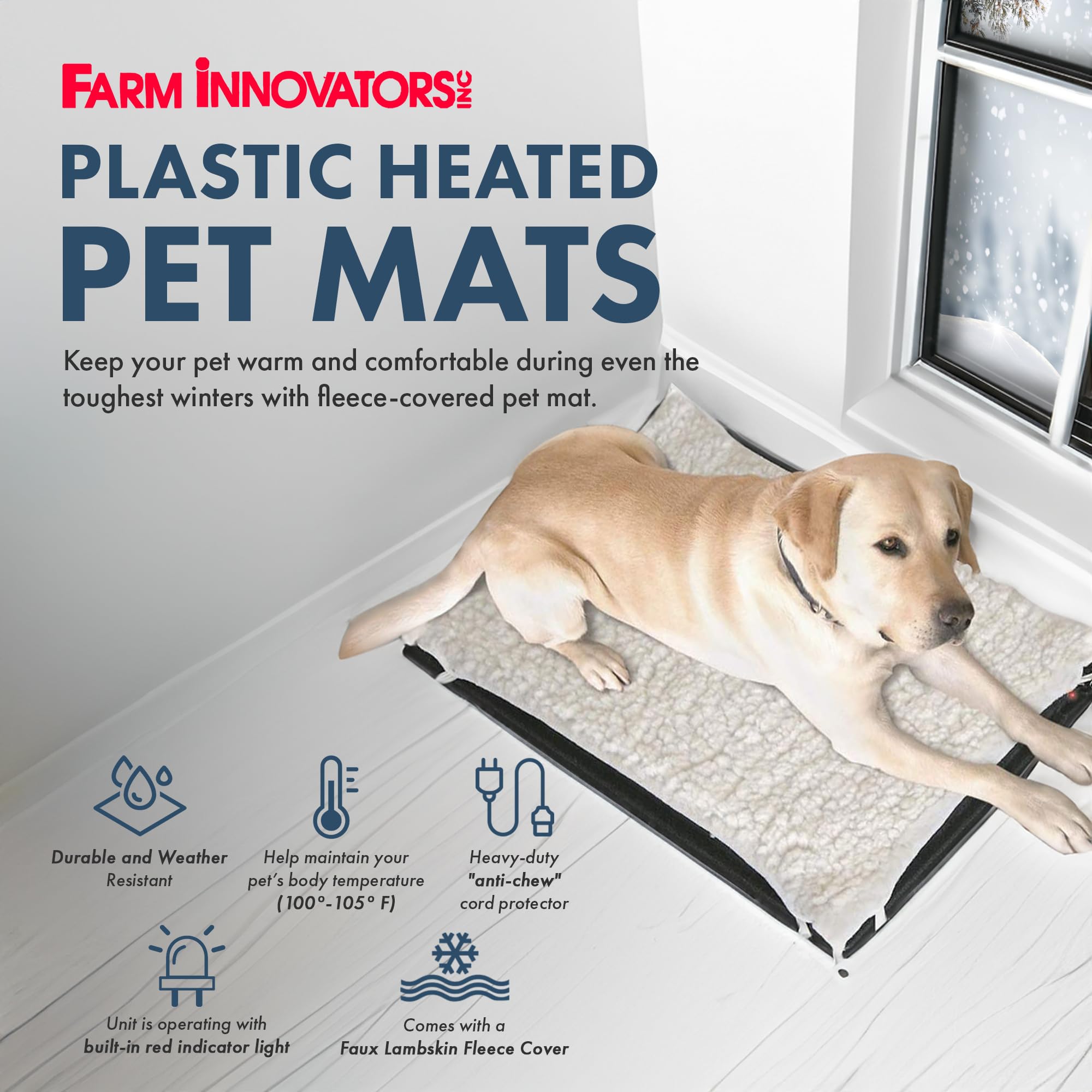 Farm Innovators HM-100L Heated Pet Mat - 24"x29", Plastic, Black, Fleece Cover, Anti-Chew Cord, 100W for Dogs & Cats