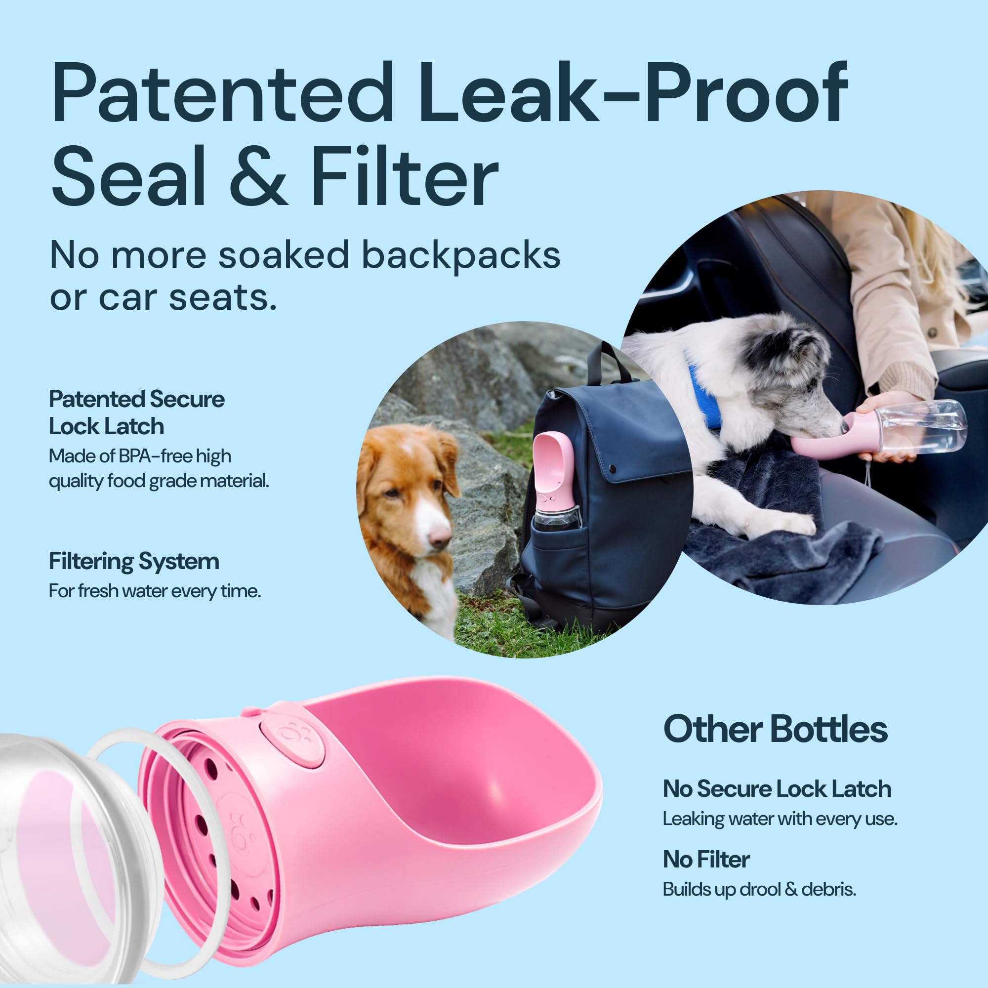 MalsiPree Dog Water Bowl Dispenser - 12 Oz, Pink - Portable Dog Water Bottle & Travel Pet Bowl - Leak Proof