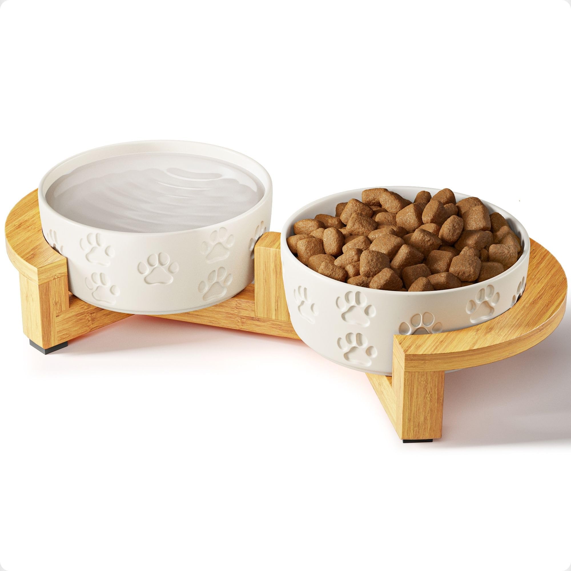 Ceramic Dog Bowls with Stand - Small Dog Bowl Set with Stand Non-Slip - 2 Ceramic Dishes with Anti-Skid Bamboo Stand for Small D