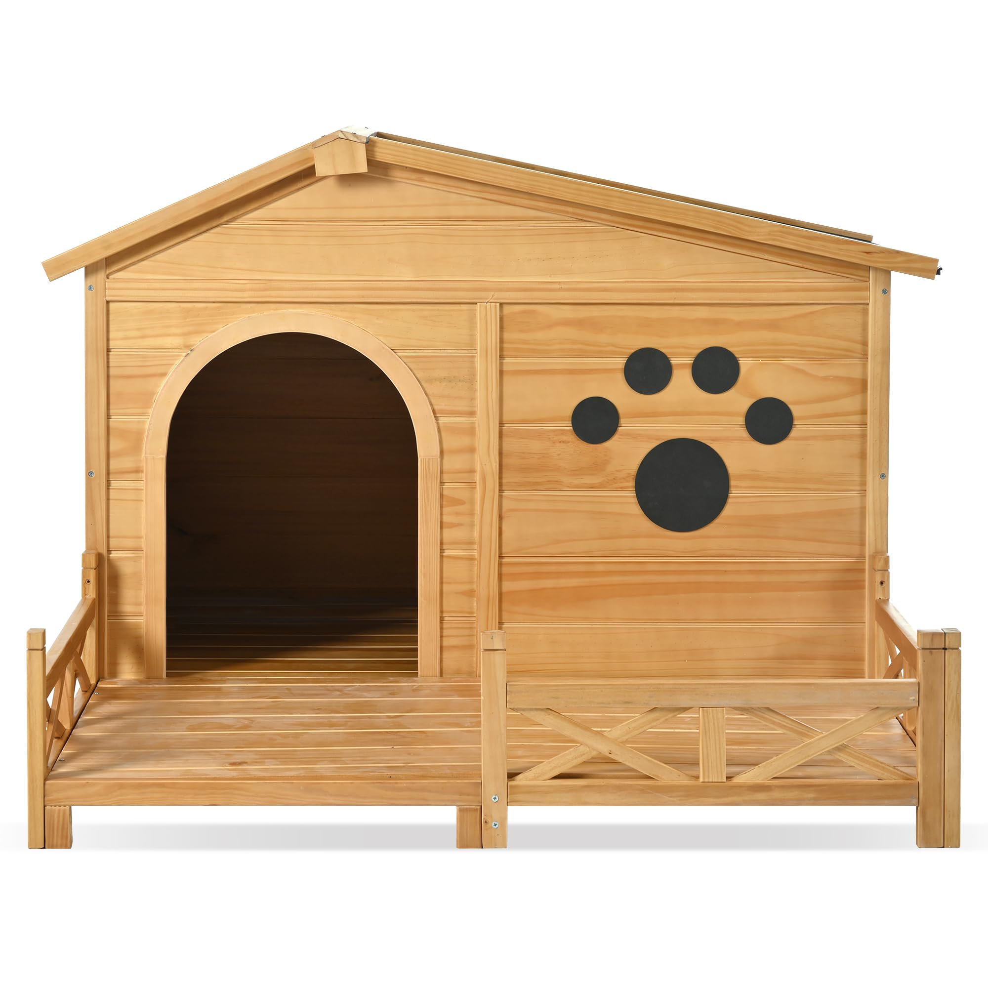 Yopto 48'' Wooden Dog House,Dog Kennel With Wide Porch,Water-Resistant Asphalt Roof And Fence,Indoor & Outdoor Dog Crate W/Paw P