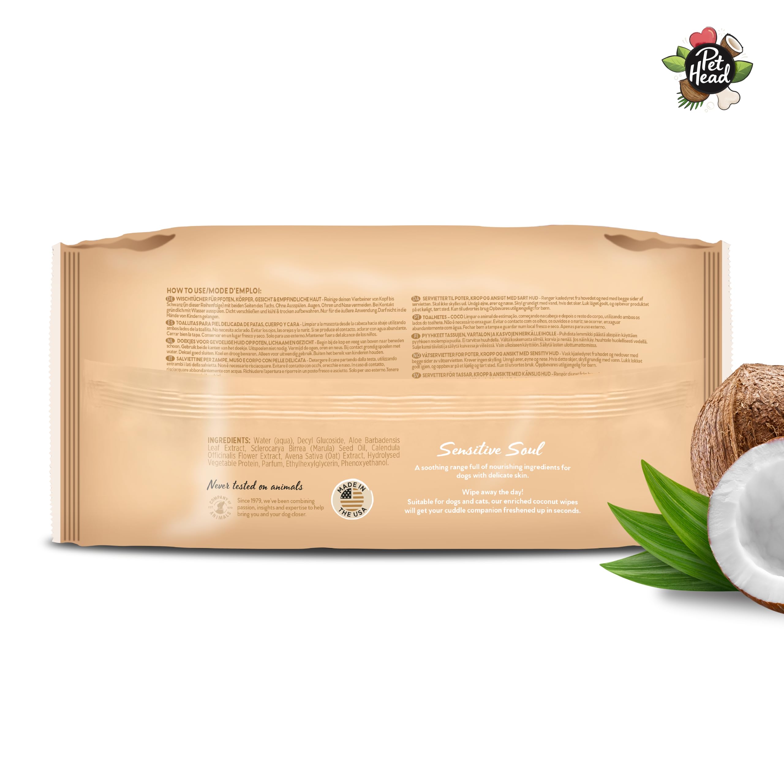 Pet Head Sensitive Soul Dog & Cat Wipes For Paws, Body & Face | Coconut Scent With Aloe Vera | Biodegradable, Plant-Based And Pl